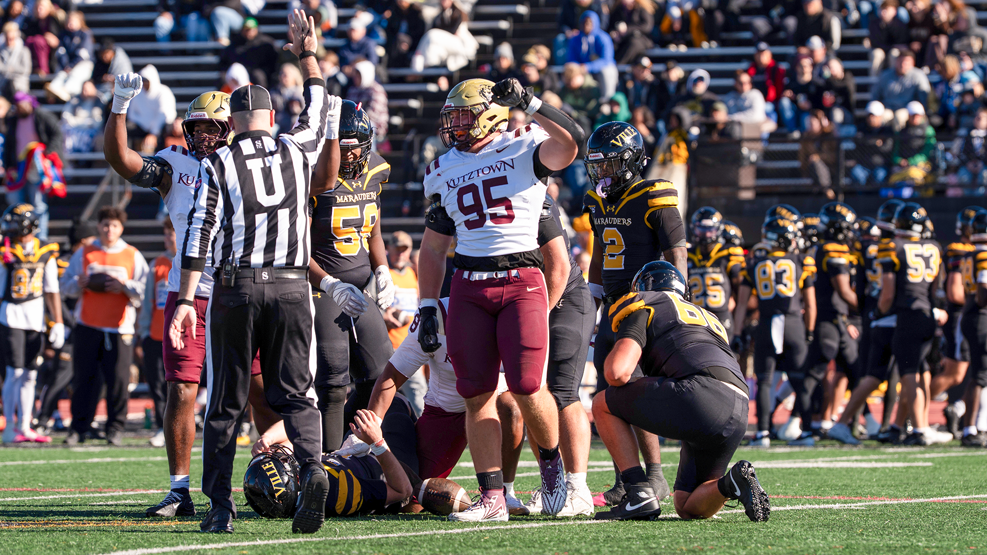 Freddie Retter of the Kutztown University football team celebrates following a sack at Millersville on Saturday, Oct. 17, 2026. Retter became Kutztown's all-time sacks leader with the 26th of his career in the 45-7 victory.