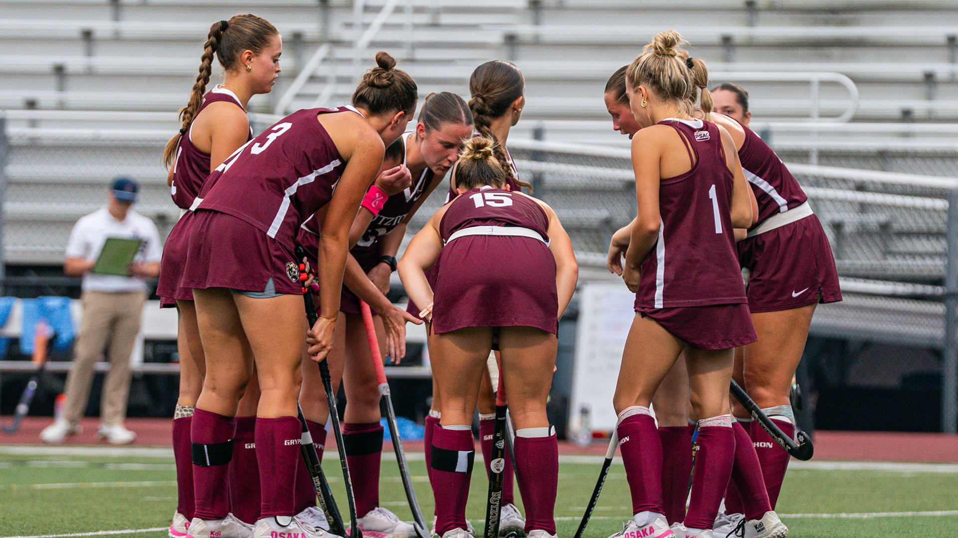 Kutztown field hockey huddles before a corner is taken against Shippensburg on 9/18/26