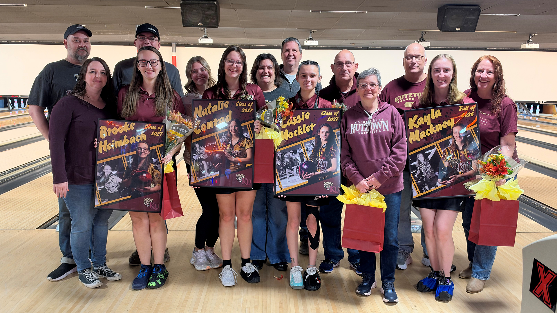Kutztown University women's bowling held Senior Day ceremonies prior to its first match at the Golden Bear Invite on Sunday, Oct. 18, 2026. Honored bowlers were (L to R): Brooke Heimbach, Natalie Conrad, Cassie Mockler and Kayla Mackney.
