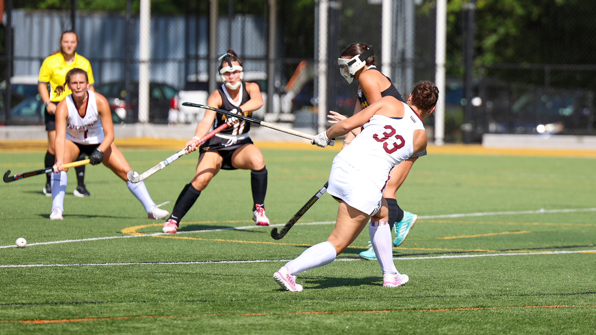 Rachel Galasso shoots the ball on a corner vs Adelphi 9/3/26
