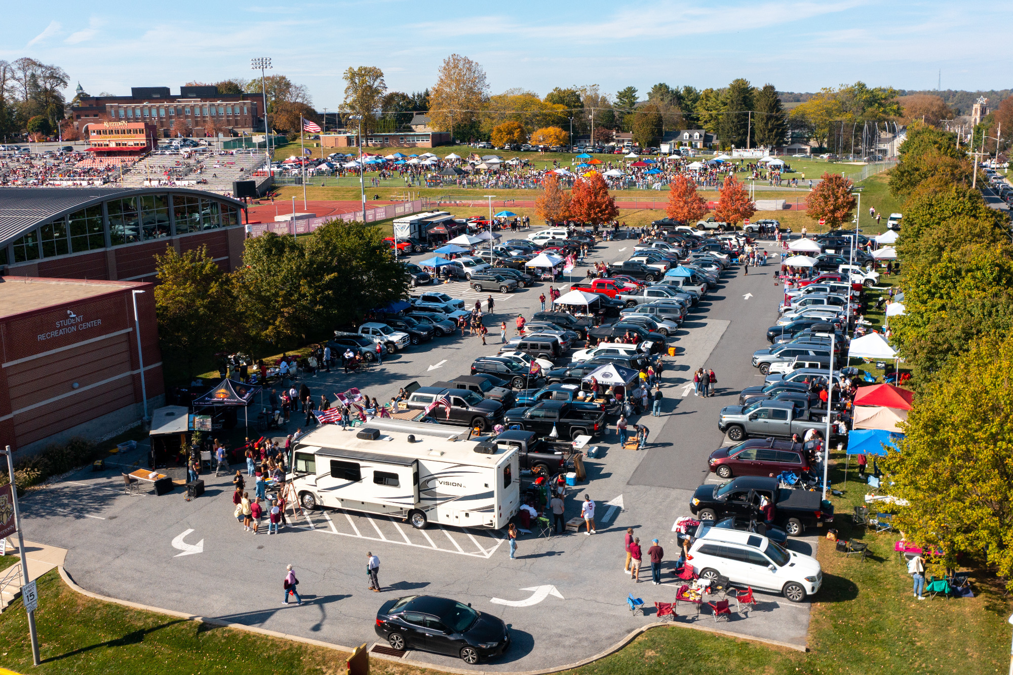 Photo of the E2 tailgate lot at the Rec Center prior to Kutztown University football's Homecoming game against Millersville on Saturday, Oct. 18, 2025.