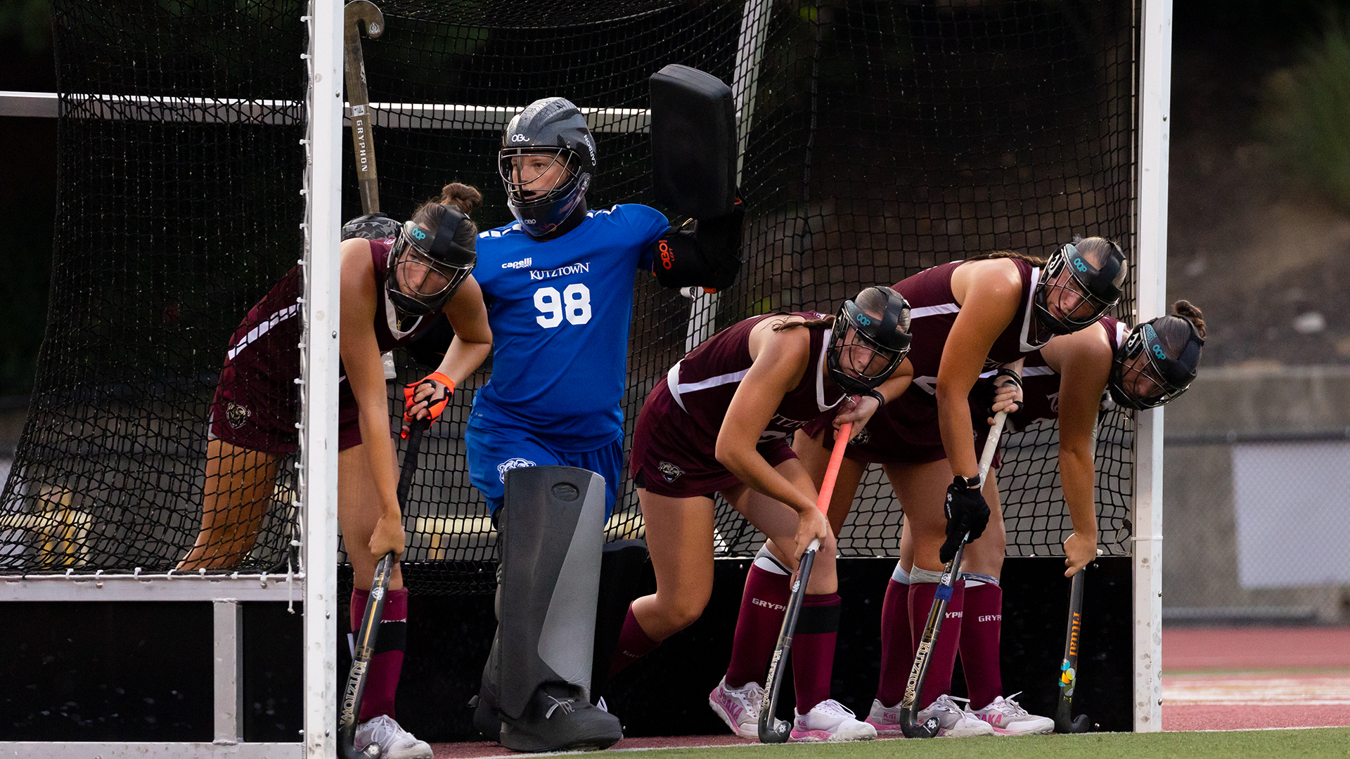 Kutztown field hockey's Olivia Kirkpatrick, Lorelai Lehenky, Julia Traynor, Marlee Fetrow, and Rachel Galasso wait for a corner insert vs Shippensburg 9/17/26