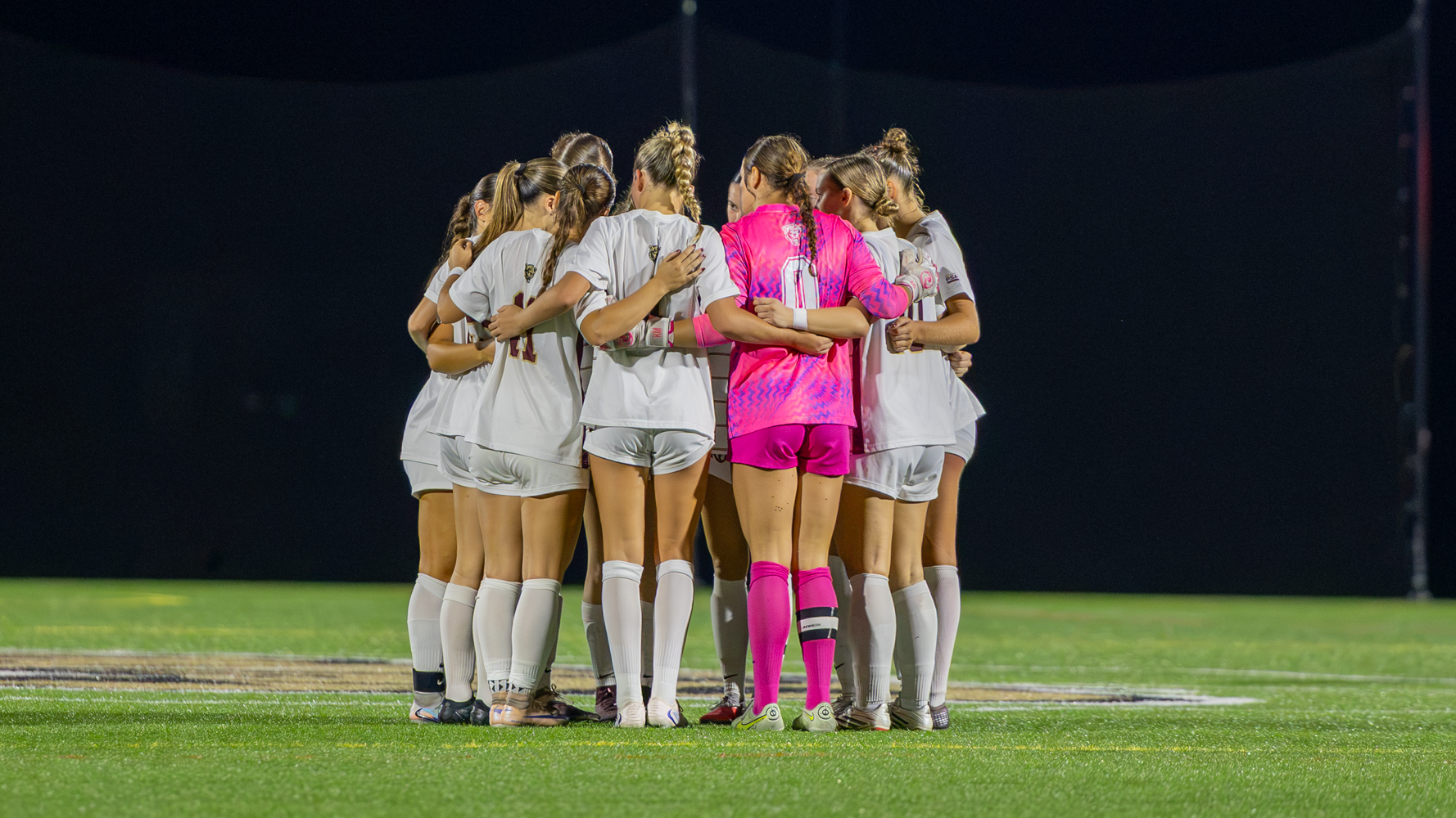 The Kutztown University women's soccer team huddles against Millersville on Sept. 30, 2026.