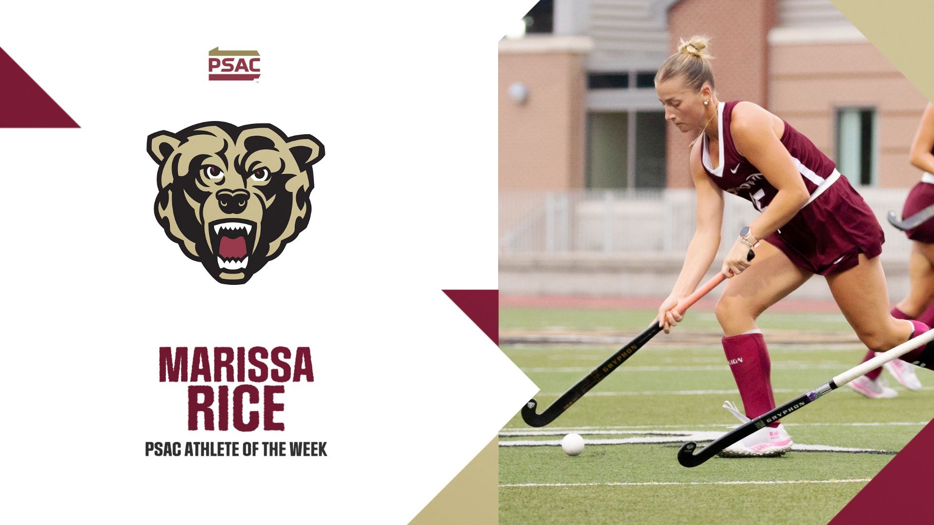 KUFH's Marissa Rice dribbles the ball in the PSAC Athlete of the Week graphic 10/6/26