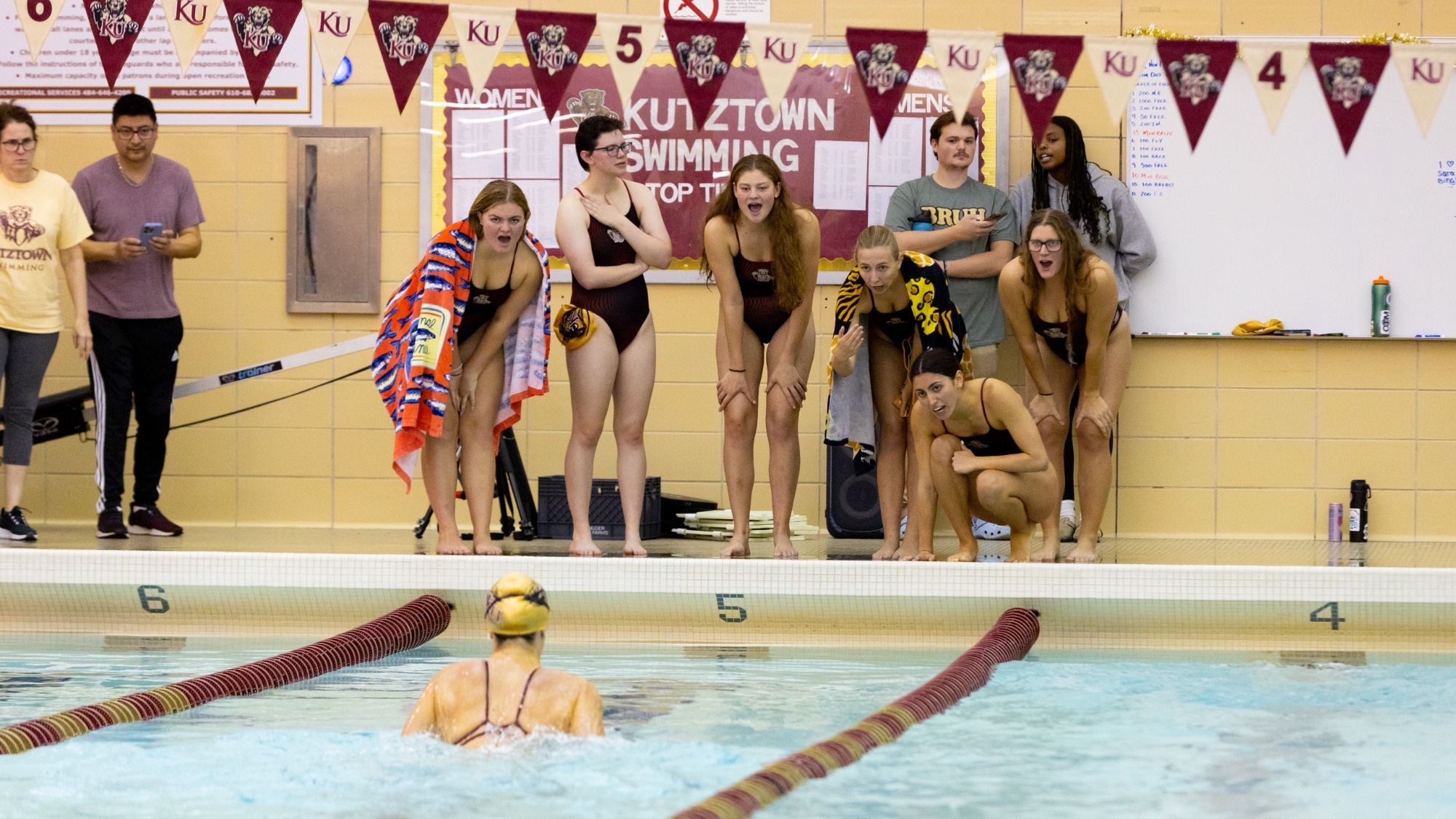 Kutztown women's swimming cheering on vs. Bloomsburg-Edinboro, 11/1/25