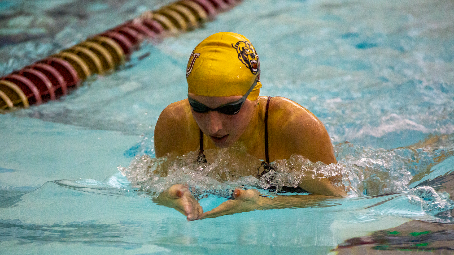 Tatum Rothermel of the Kutztown University women's swim team competes in the breaststroke during a tri-meet with Bloomsburg and Edinboro on Saturday, Nov. 1, 2025.