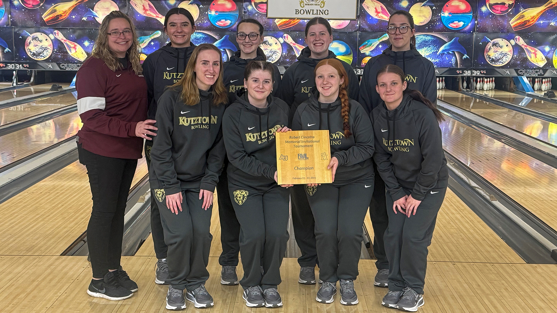 Kutztown University women's bowling team poses with its trophy after winning the Dr. Robert Cincotta Memorial at Bowler City on Saturday, Feb. 21, 2026.