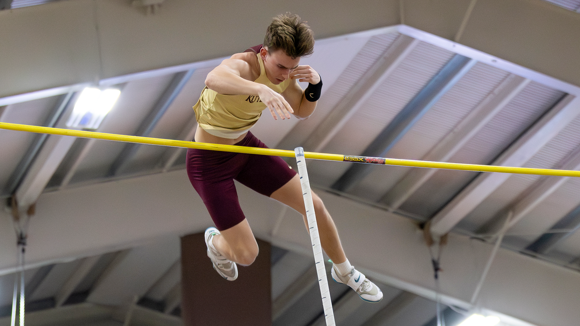 Andrew Szeplaki of the Kutztown University men's track & field team competes in the pole vault at the PSAC Indoor Championships on Saturday, Feb. 28, 2026. Szeplaki won the PSAC championship with a meet record vault of 5.20m.