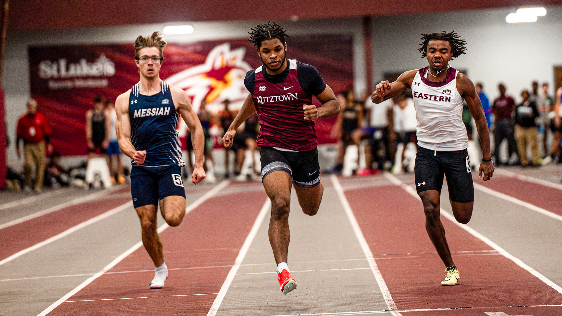 Kymanni Johnson of the Kutztown University men's track & field team finishes his preliminary heat of the 60m dash at the Alvernia Winter Invitational on Saturday, Jan. 17, 2026.