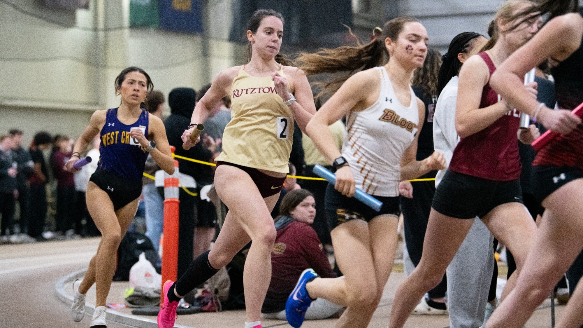 Jensen Kraft of the Kutztown University women's track & field team competes in the distance medley relay at the PSAC Indoor Championships on Saturday, Feb. 28, 2026.