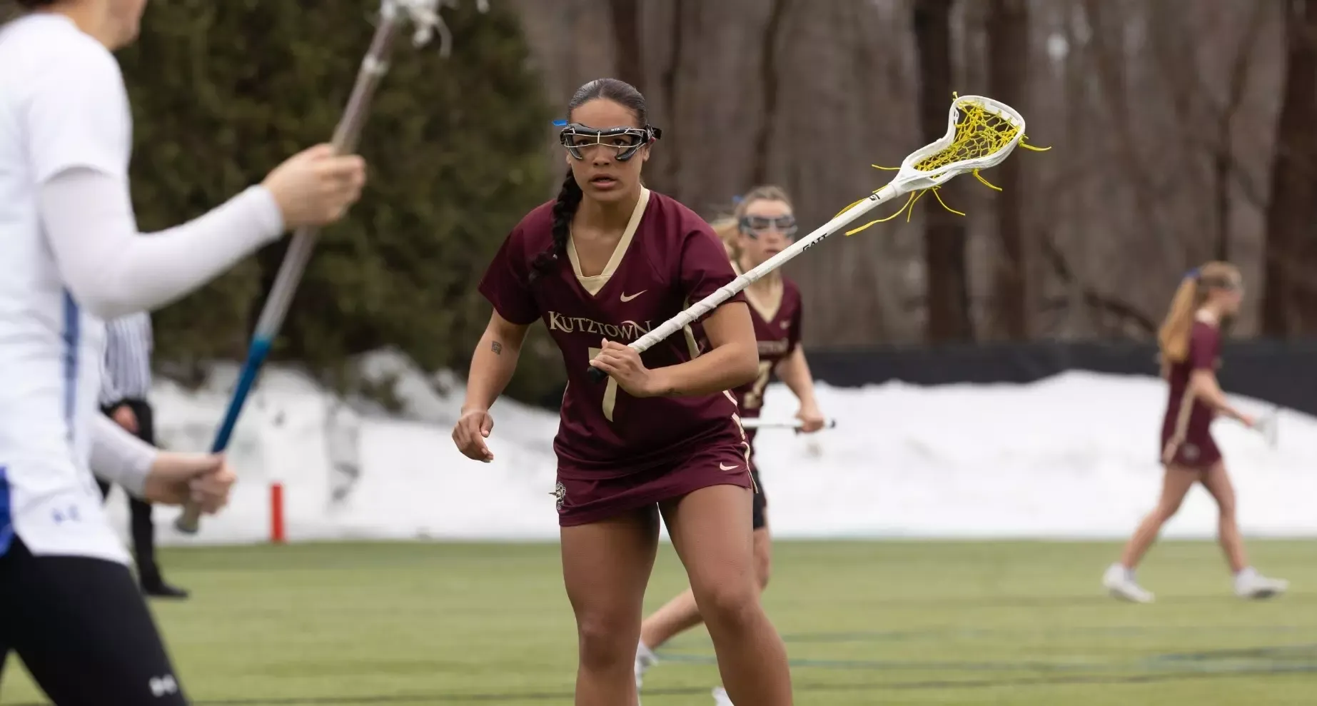Micaiah Parks (7), Limestone transfer, defends Bentley player carrying the ball at Bentley during Boston Spring Break trip, 2026