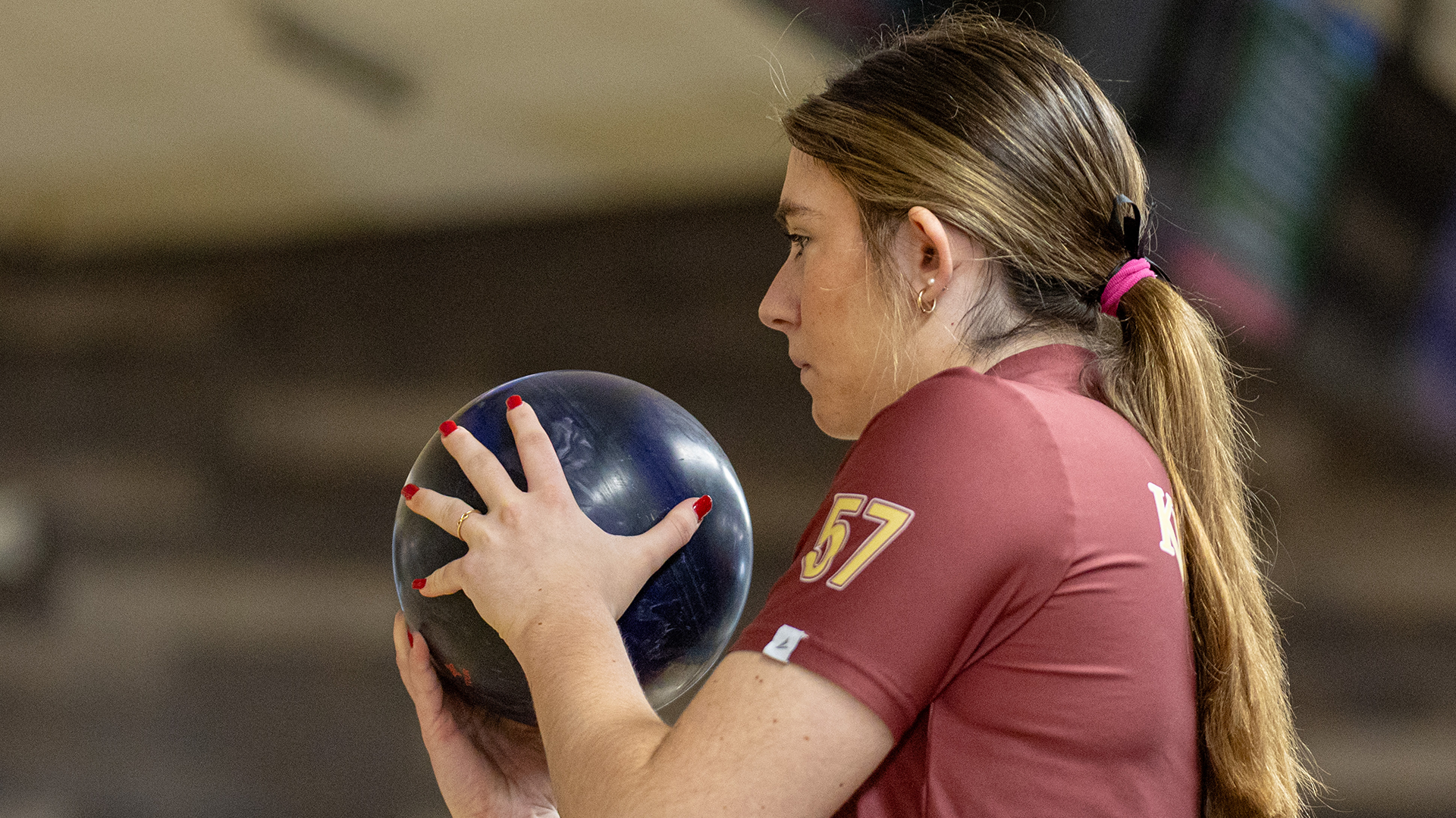 Madilyn Bogovic of the Kutztown University women's bowling team prepares to roll in the East Coast Conference semifinals against Molloy, March 22, 2026.