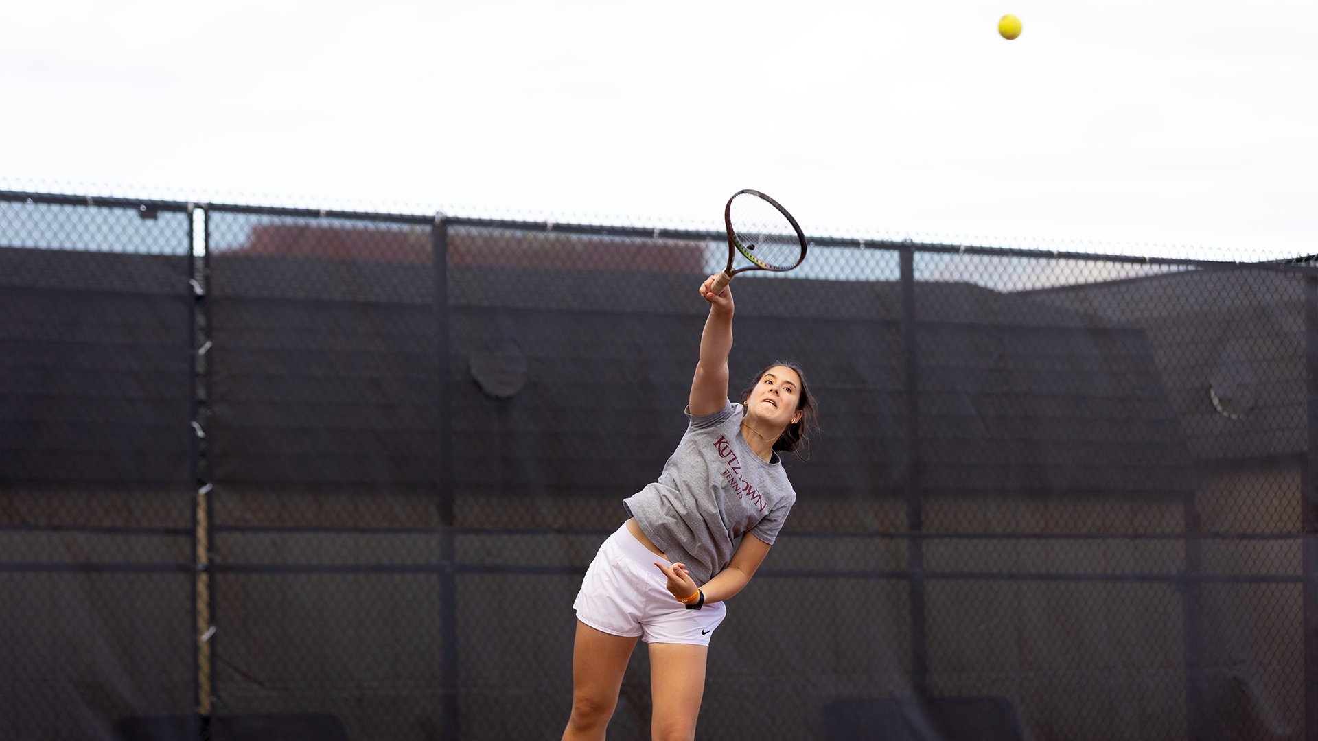 Isabela de Nadai of the Kutztown University women's tennis team serves during a practice session at the Keystone Courts on Oct. 8, 2025.