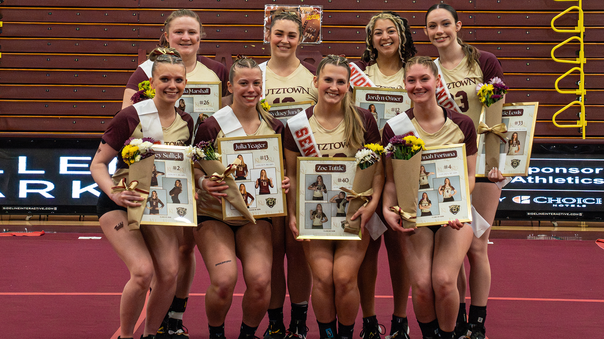 Kutztown University acrobatics & tumbling held its Senior Day ceremony during a Mountain East Conference meet against Wheeling on Saturday, March 28. Pictured from left to right in the front row are Haley Sullick, Julia Yeager, Zoe Tuttle and Hannah Fortuna. Pictured left to right in the back row are: Cecilia Marshall, Sydney Jundt, Jordyn Osner and Catherine Lewis.