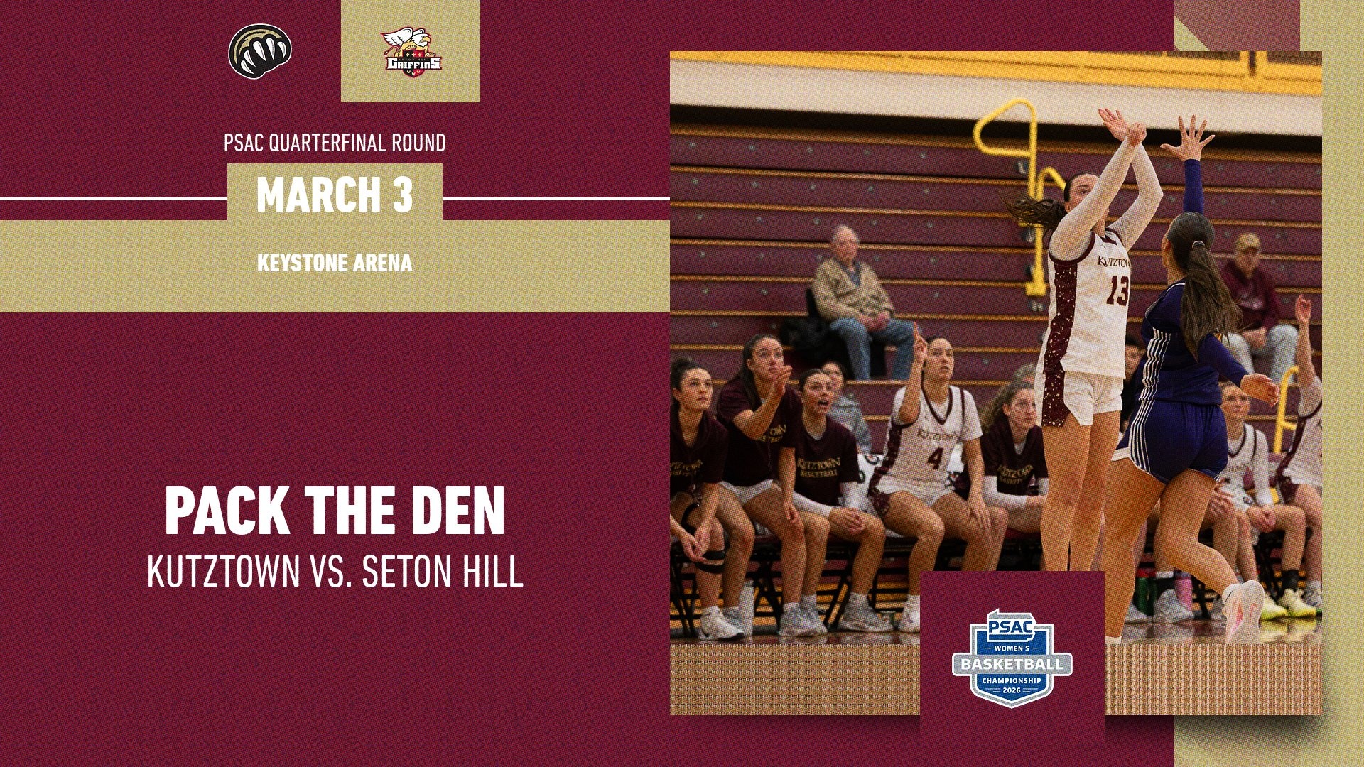 Kutztown women's basketball vs. Seton Hill PSAC Quarterfinal Round graphic for preview