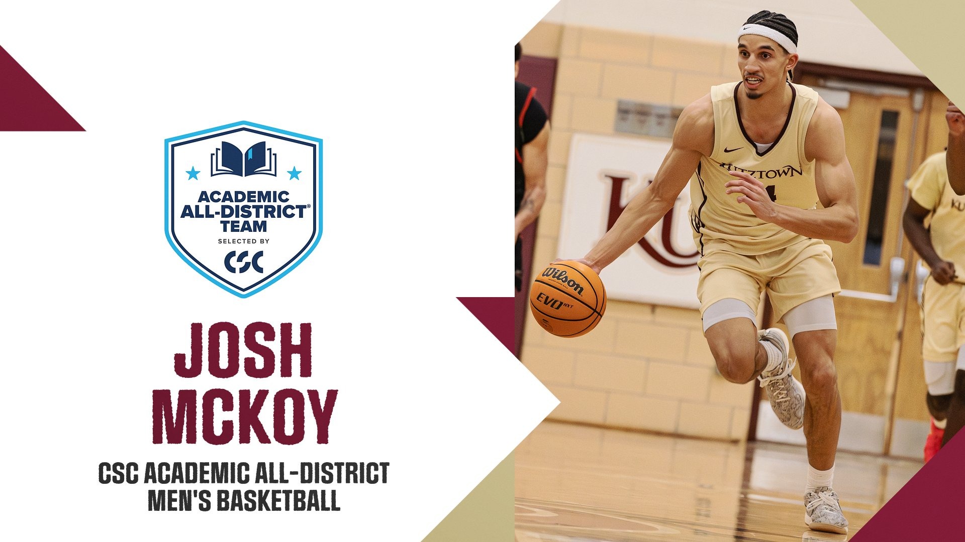 Graphic recognizing Josh McKoy of the Kutztown University men's basketball team on his selection to the 2025-26 College Sports Communicators Academic All-District Team.