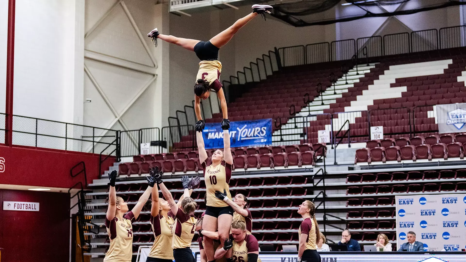 Elaina Blackstock and Sydney Jundt of the Kutztown University acrobatics & tumbling team compete in the Mountain East Conference semifinals at Fairmont State on Saturday, April 11, 2026.