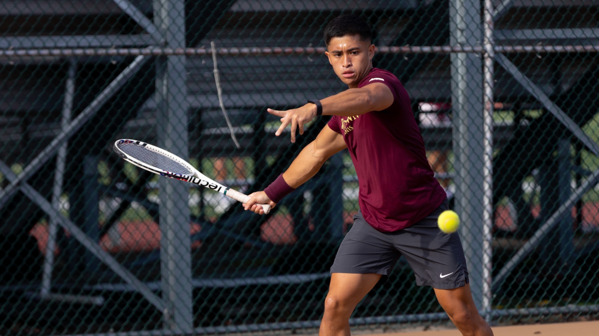 Terrell Arejola of the Kutztown University men's tennis team hits a forehand shot during a practice session at the Keystone Courts on Oct. 8, 2025.