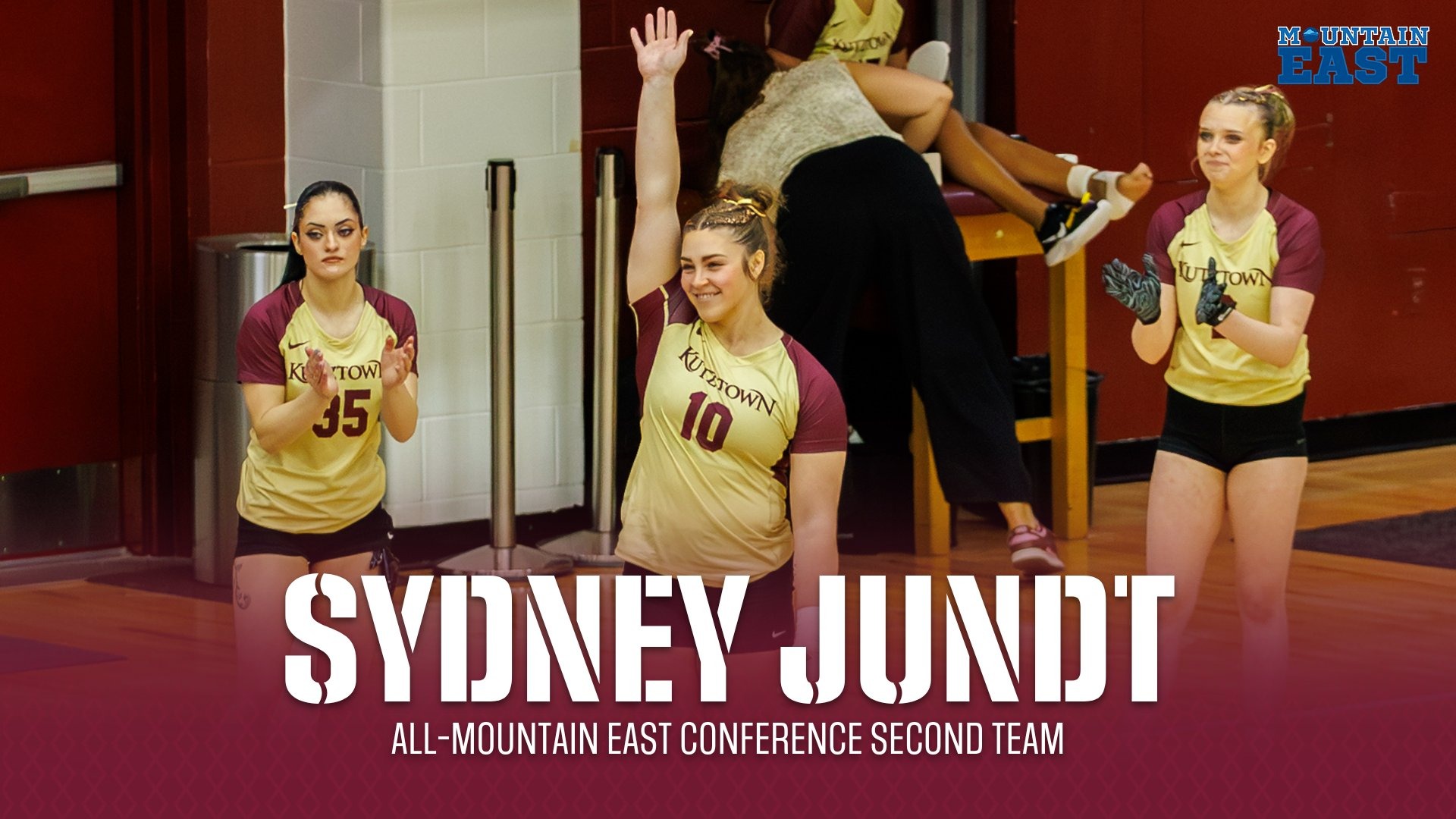 Graphic highlighting Kutztown senior acrobatics & tumbling student-athlete Sydney Jundt on her selection to the 2026 All-Mountain East Conference Second Team.