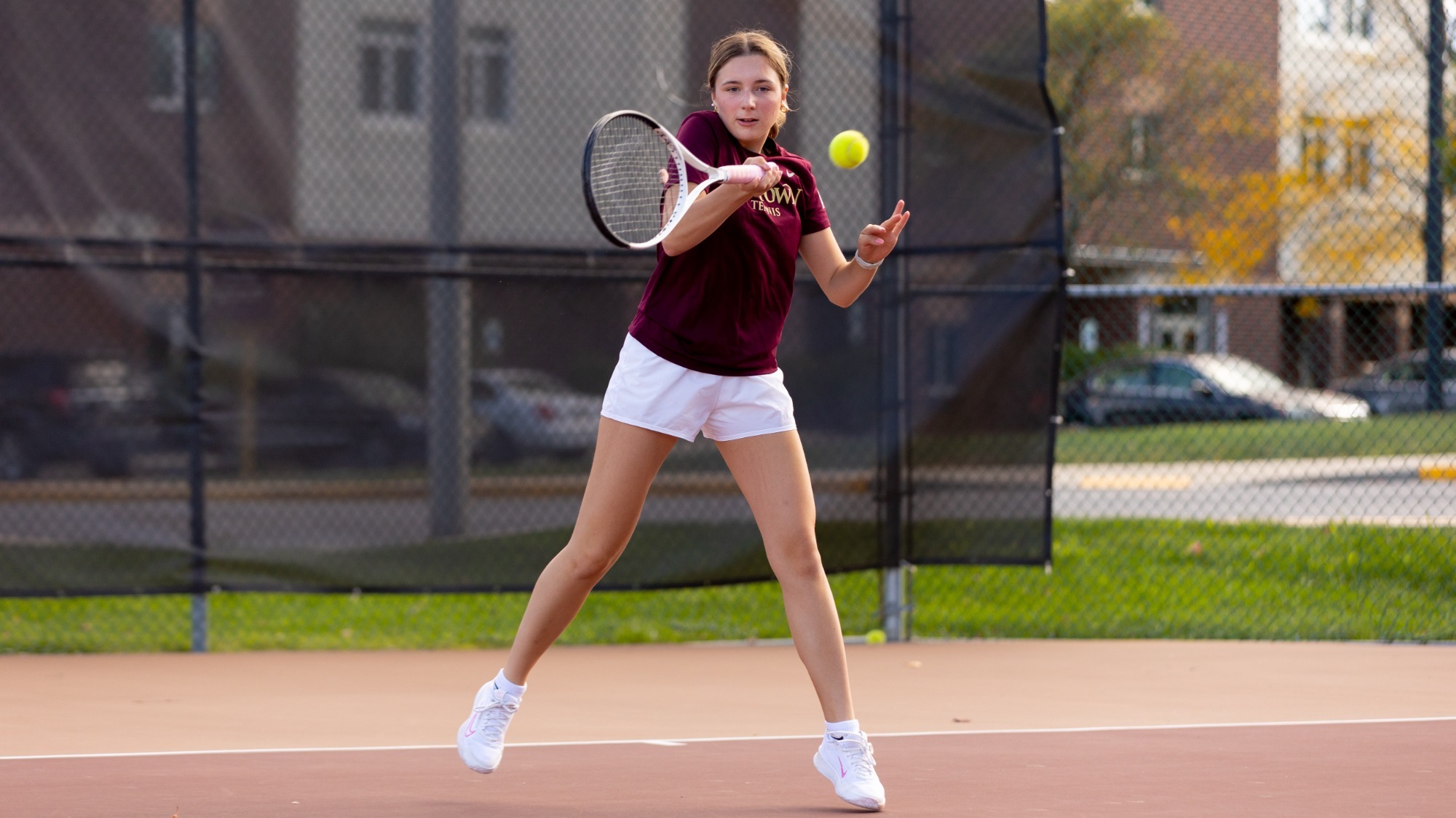 Gabby Gentile of the Kutztown University women's tennis team hits a forehand shot during a practice session at the Keystone Courts on Oct. 8, 2025.