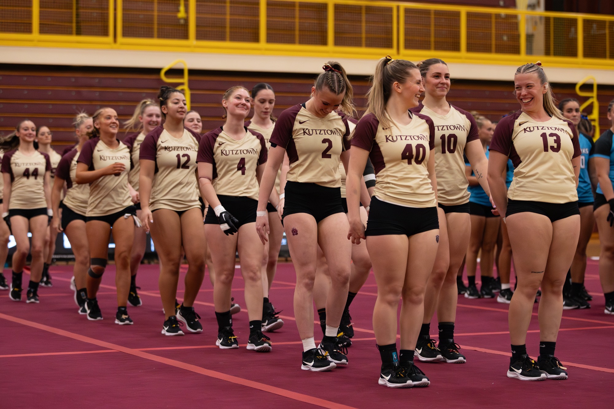 Kutztown acrobatics & tumbling lining up for introductions vs. Hawaii Pacific, 3/10/26