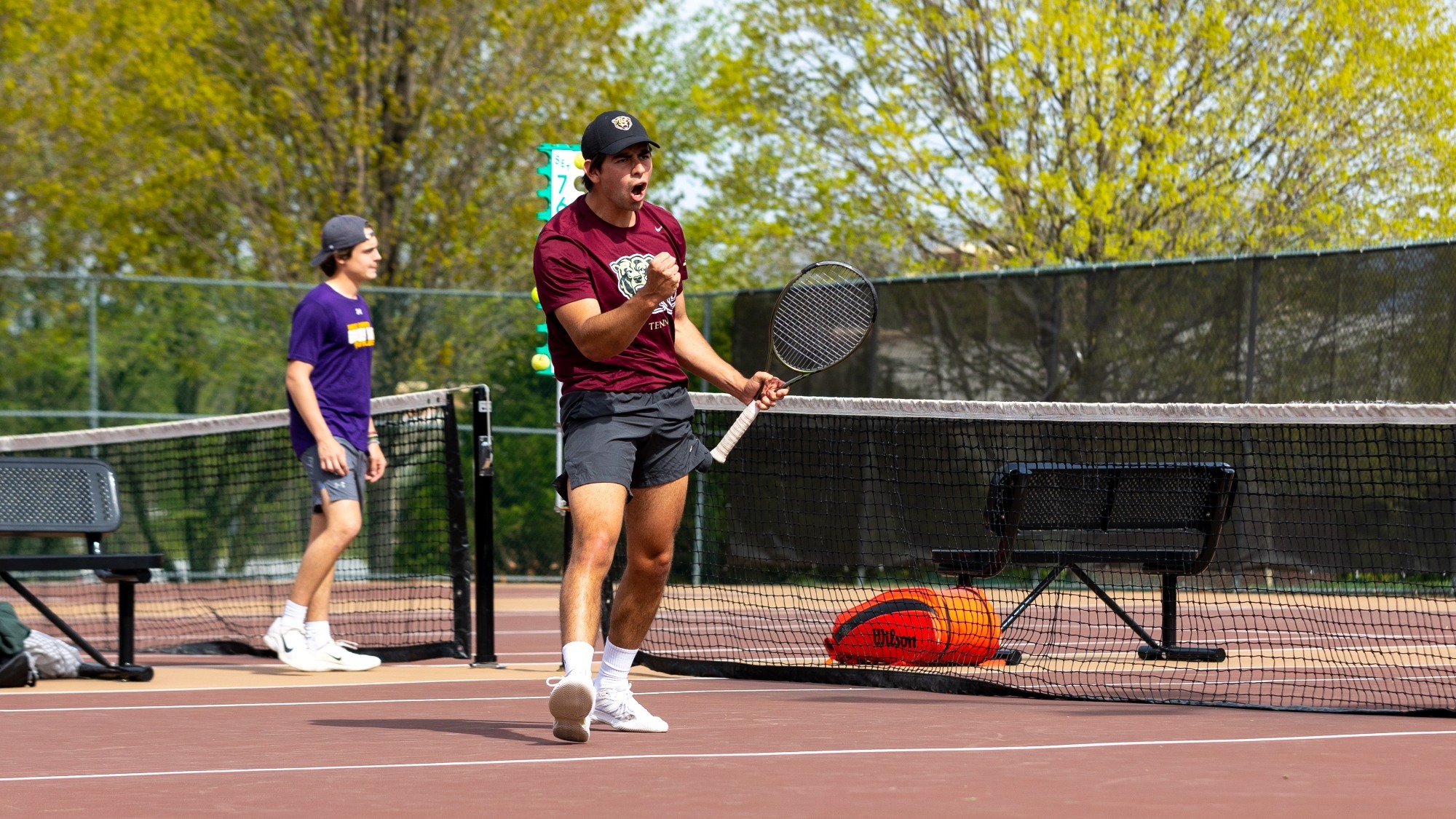 Joaquin Perez of the Kutztown University men's tennis team celebrates during a match against West Chester on April 22, 2025.