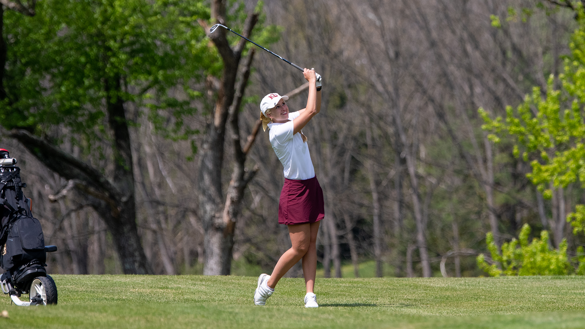 Brooke Graham of the Kutztown University women's golf team hits a chip shot from the fairway during the second round of the PSAC Championship on Thursday, April 23, 2026.