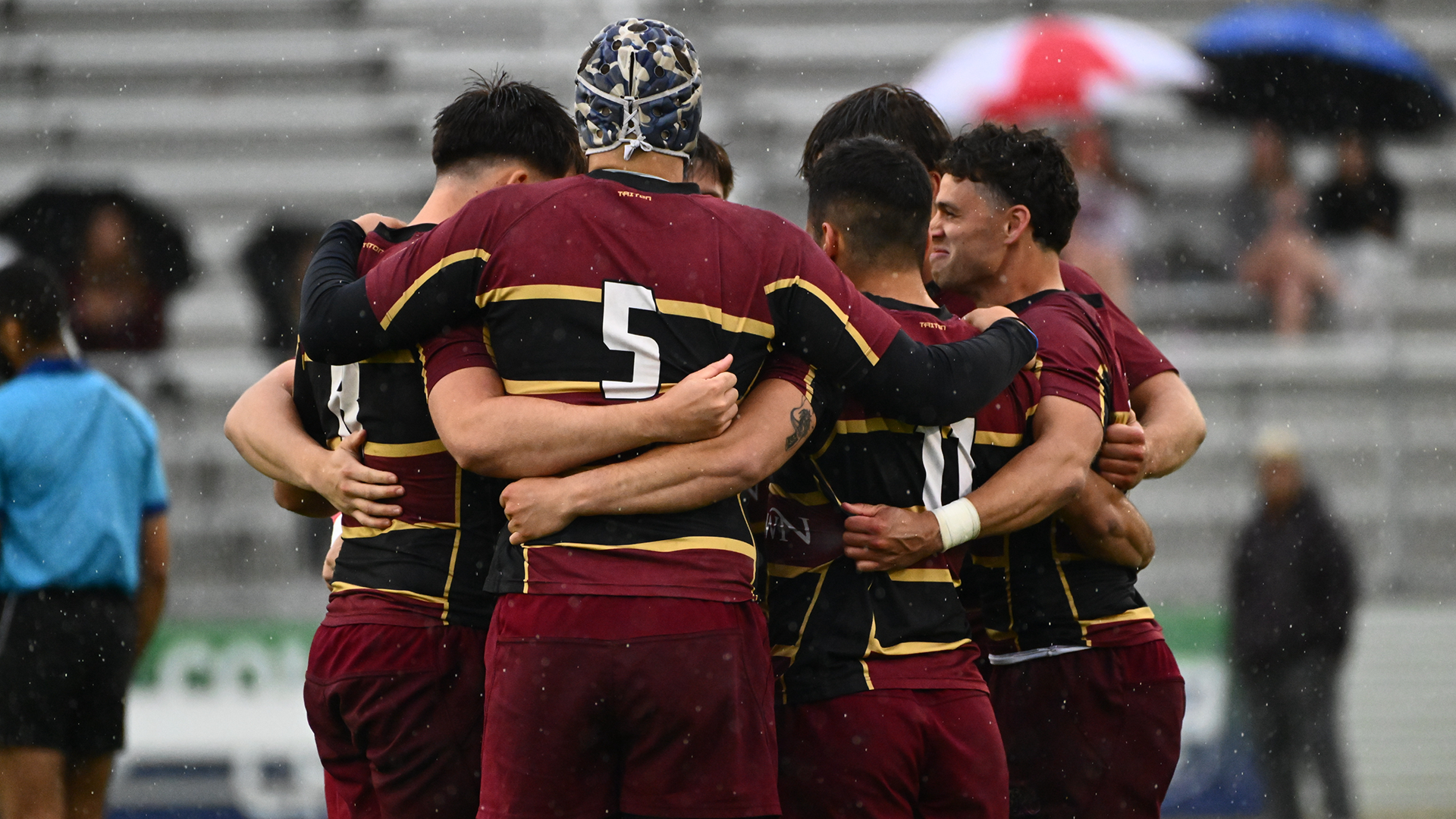 Members of the Kutztown's University men's rugby team huddle during their third place match against Notre Dame at the CRC National 7s on Saturday, April 25, 2026.