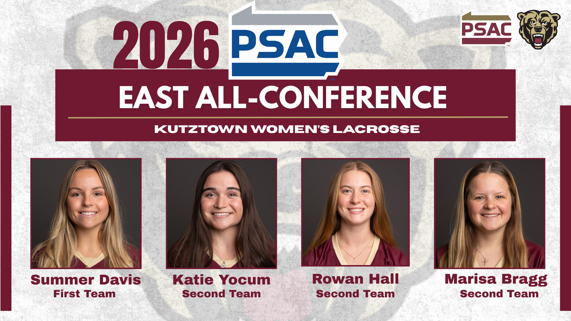 2026 Women's Lacrosse All-PSAC East Graphic, Davis, Yocum, Hall, Bragg