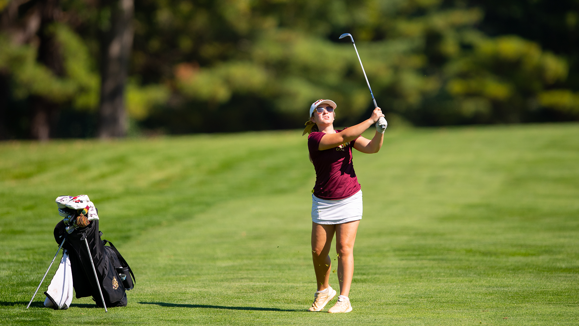 Grace Klements of the Kutztown University women's golf team watches her shot during the Kutztown Fall Invitational at Moselem Springs Golf Club Oct. 6, 2025.