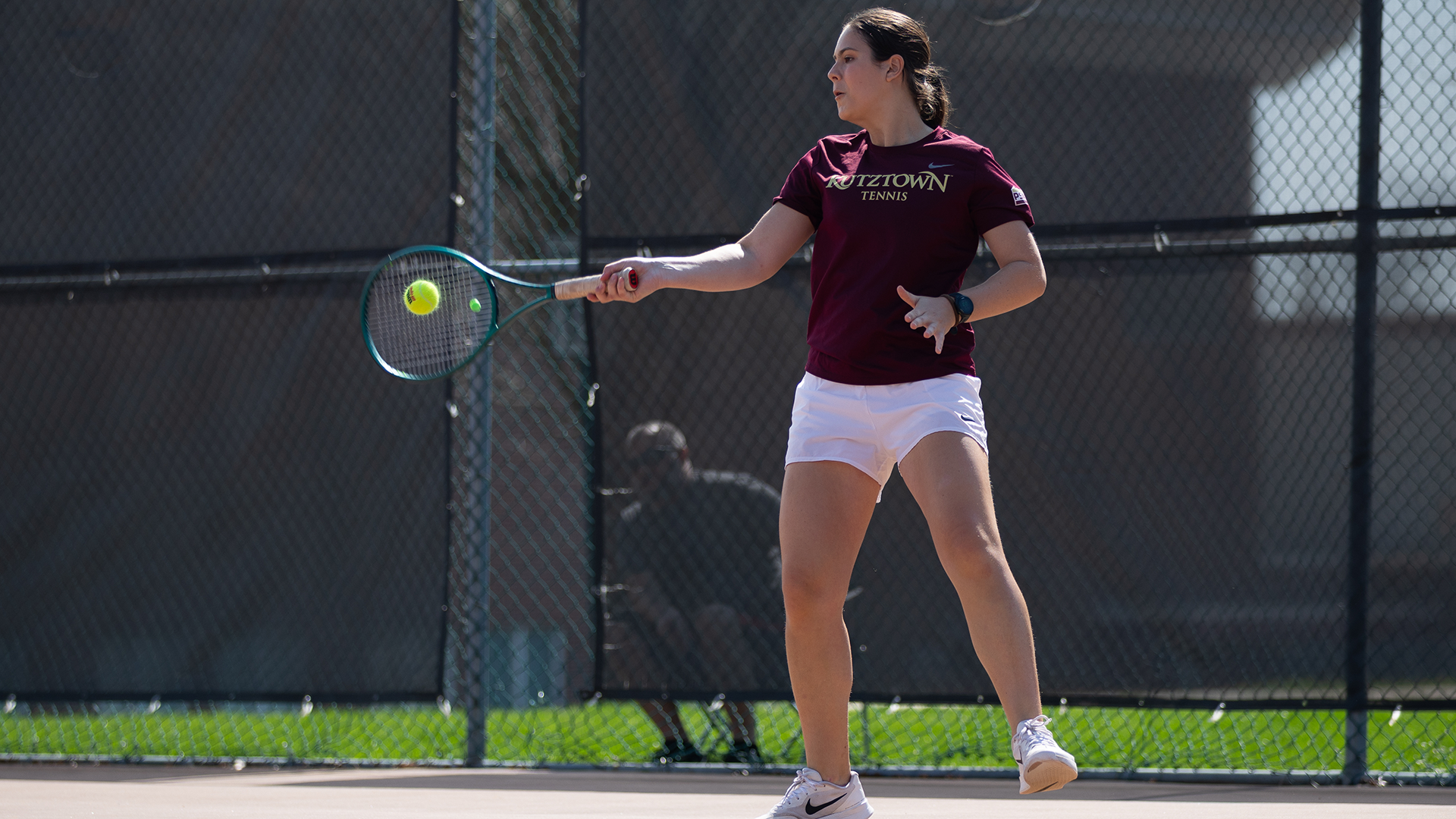 Isabela de Nadai of the Kutztown University women's tennis team hits a forehand shot in a non-conference match against Goldey-Beacom on Saturday, April 4, 2026.