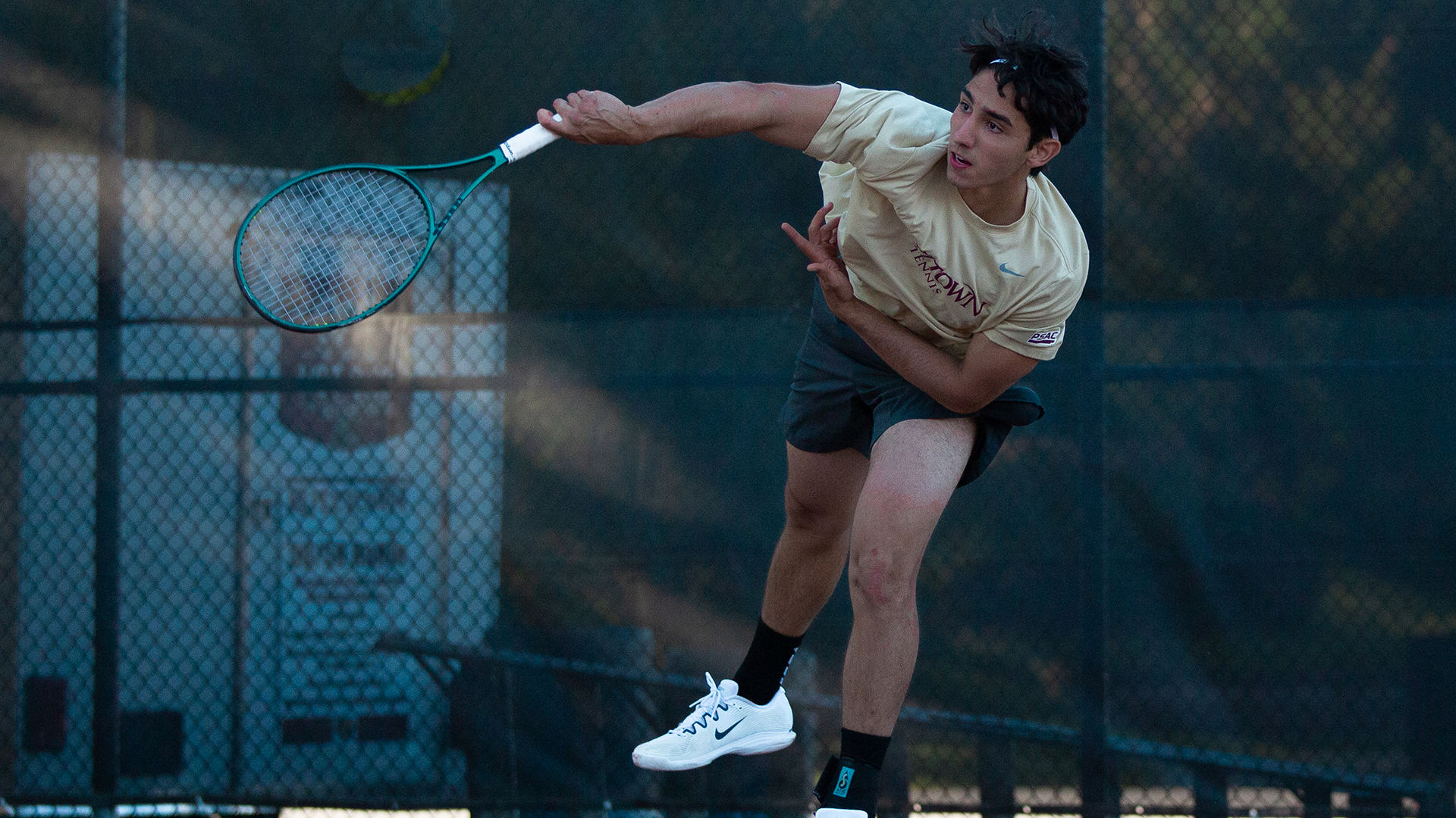 Henrique Rocha of the Kutztown University men's tennis team serves during a match against Moravian Oct. 16, 2025.