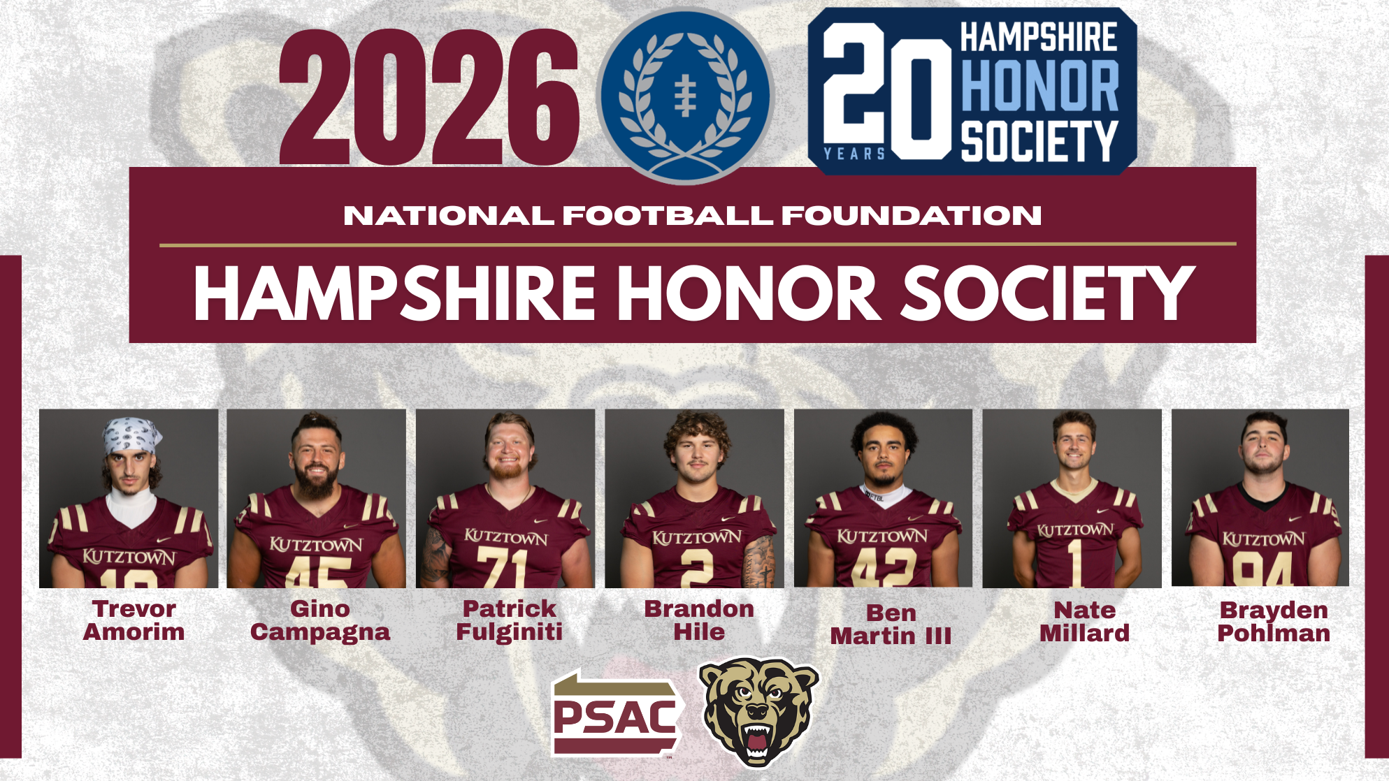 Graphic of 2026 Kutztown Football Inductees to the National Football Foundation Hampshire Honor Society