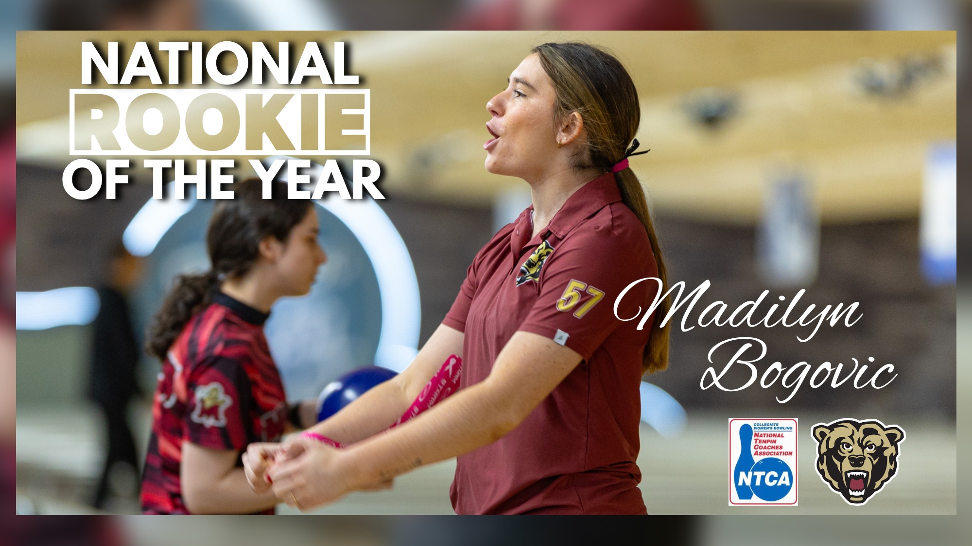 Graphic highlighting Madilyn Bogovic of the Kutztown University women's bowling team on being selected as the 2025-26 NTCA Division II Rookie of the Year.