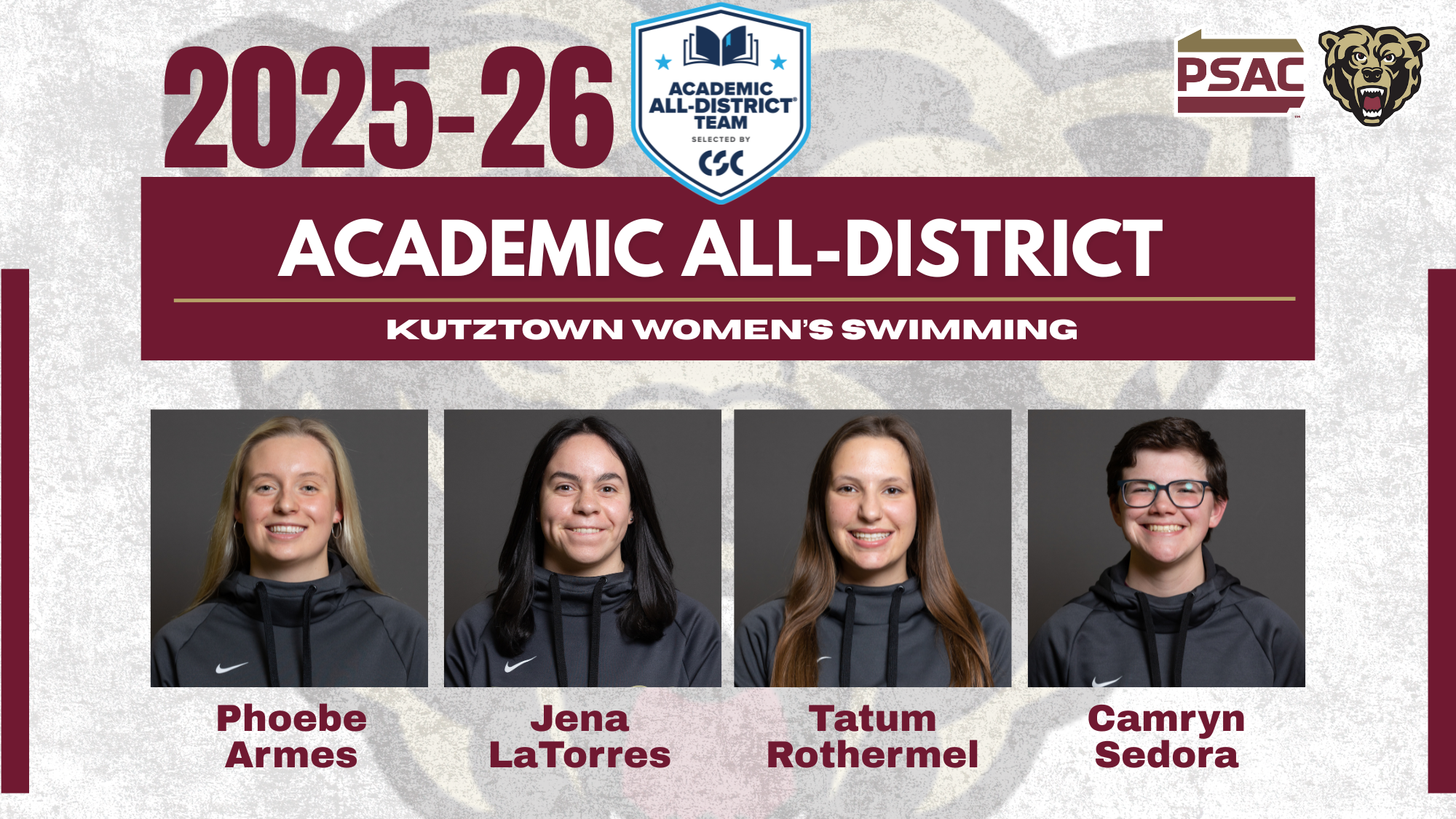 Graphic of 2025-26 CSC Women's Academic All-District Swimming Honorees