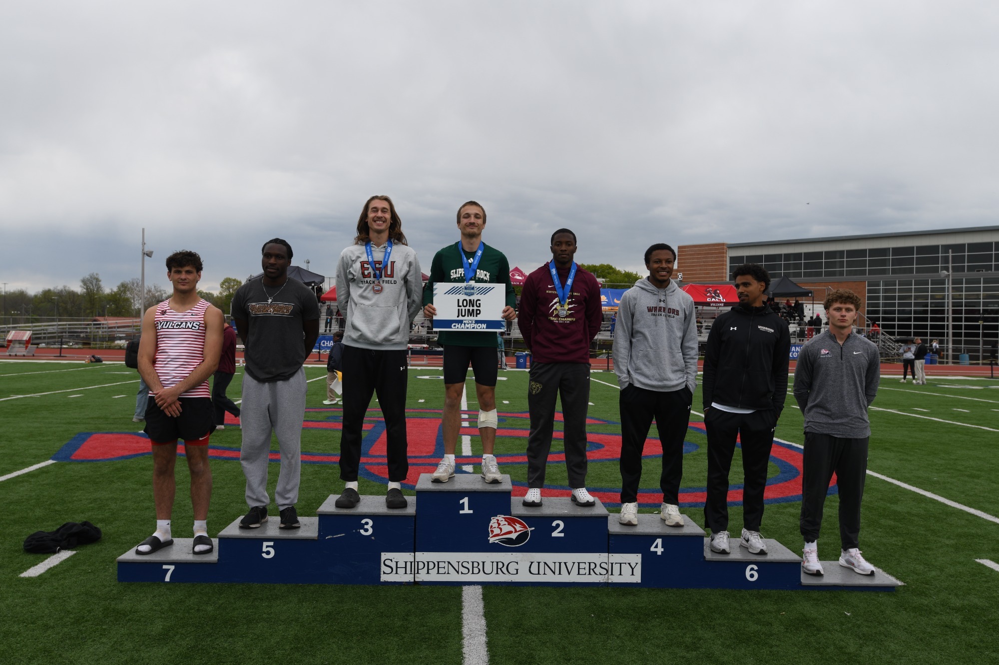 Men's outdoor long jump podium photo at PSAC Outdoor Championships, 5/1/26