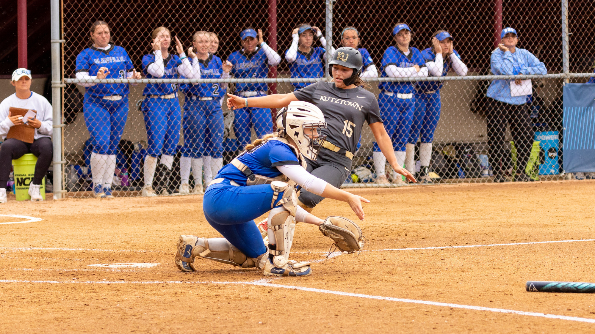 Morgan Slomkowski of the Kutztown University softball team slides into home plate during game one of the NCAA DII Atlantic Super Regional against Glenville State on Thursday, May 21, 2026.