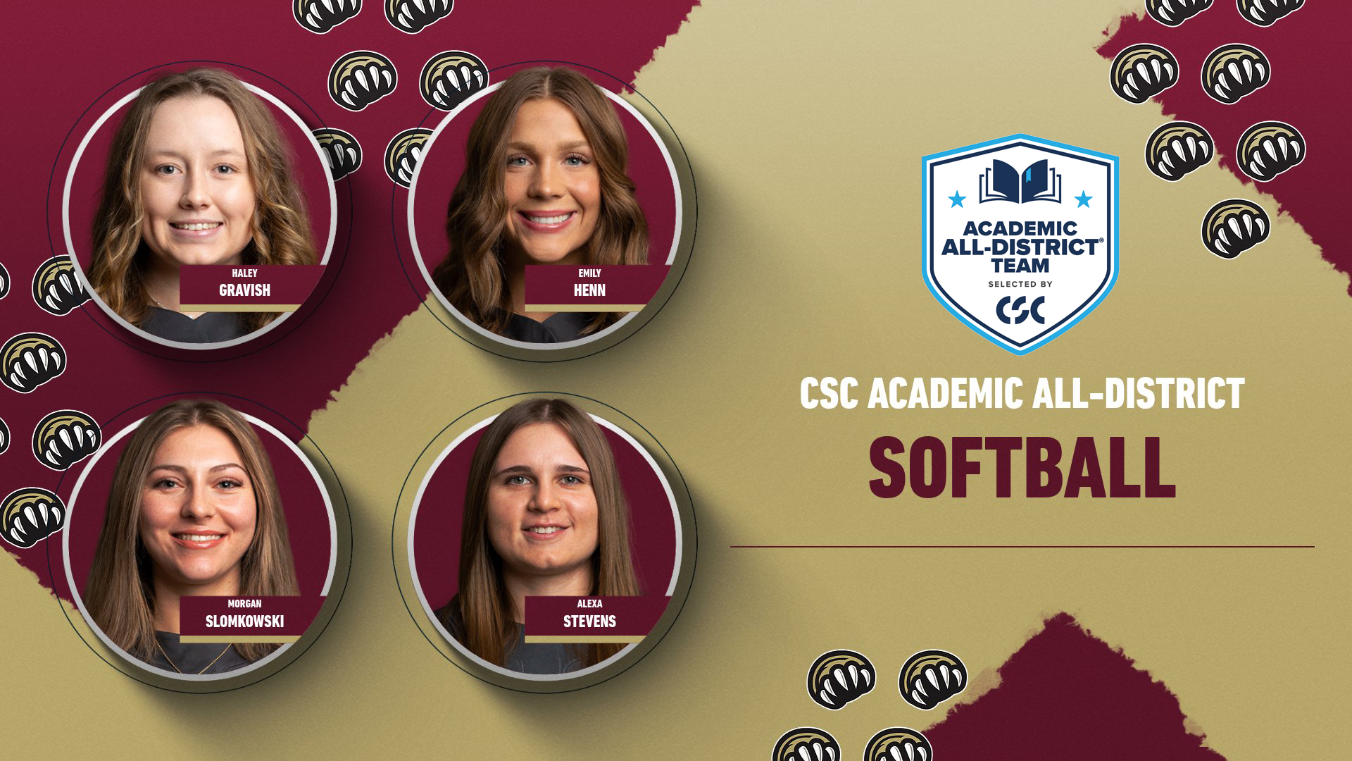 Graphic recognizing Kutztown University softball's four 2026 College Sports Communicators Academic All-District selections. Student-athletes pictured are Haley Gravish (top left), Emily Henn (top right), Morgan Slomkowski (bottom left) and Alexa Stevens (bottom right).