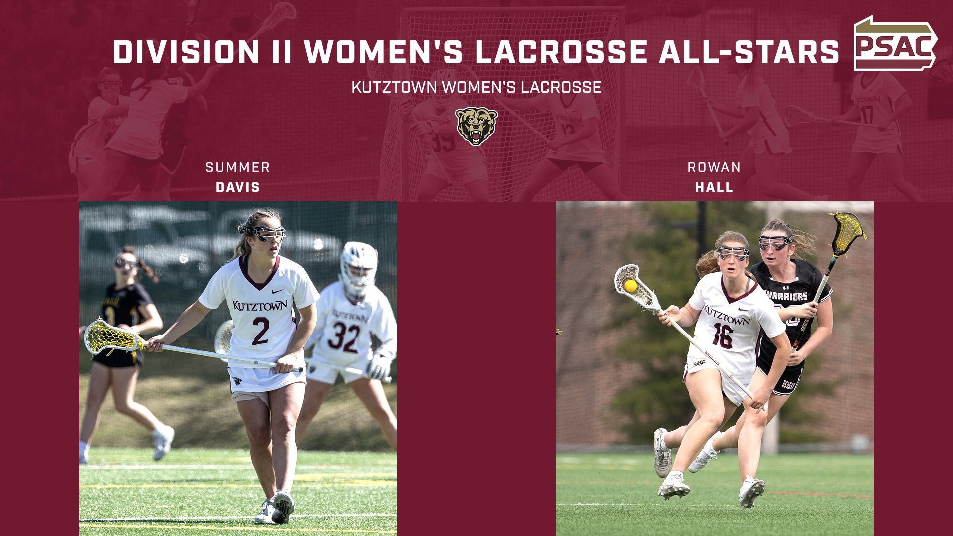 Graphic of Summer Davis and Rowan Hall of Kutztown women's lacrosse senior all-stars