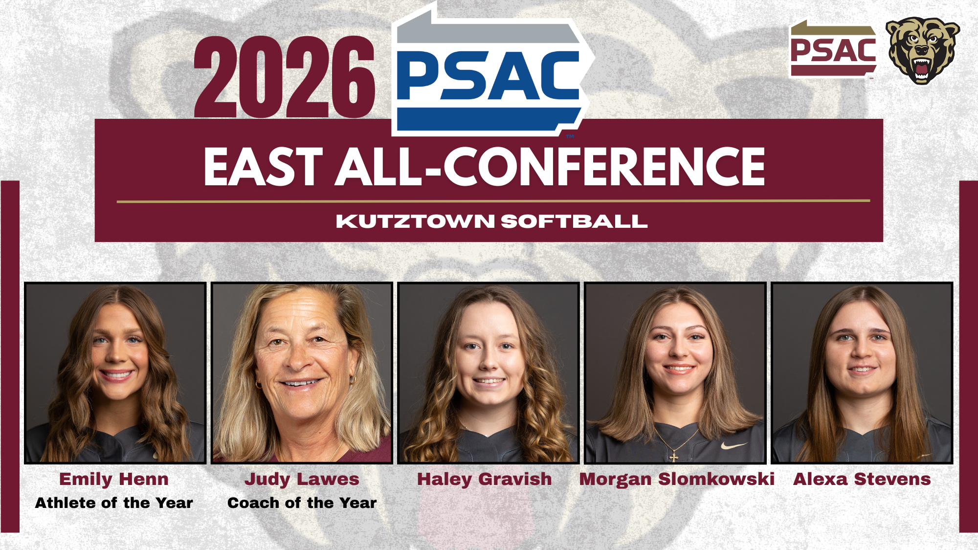 Graphic of 2026 PSAC East Softball All-Conference, Lawes, Henn, Gravish, Stevens, Slomkowski