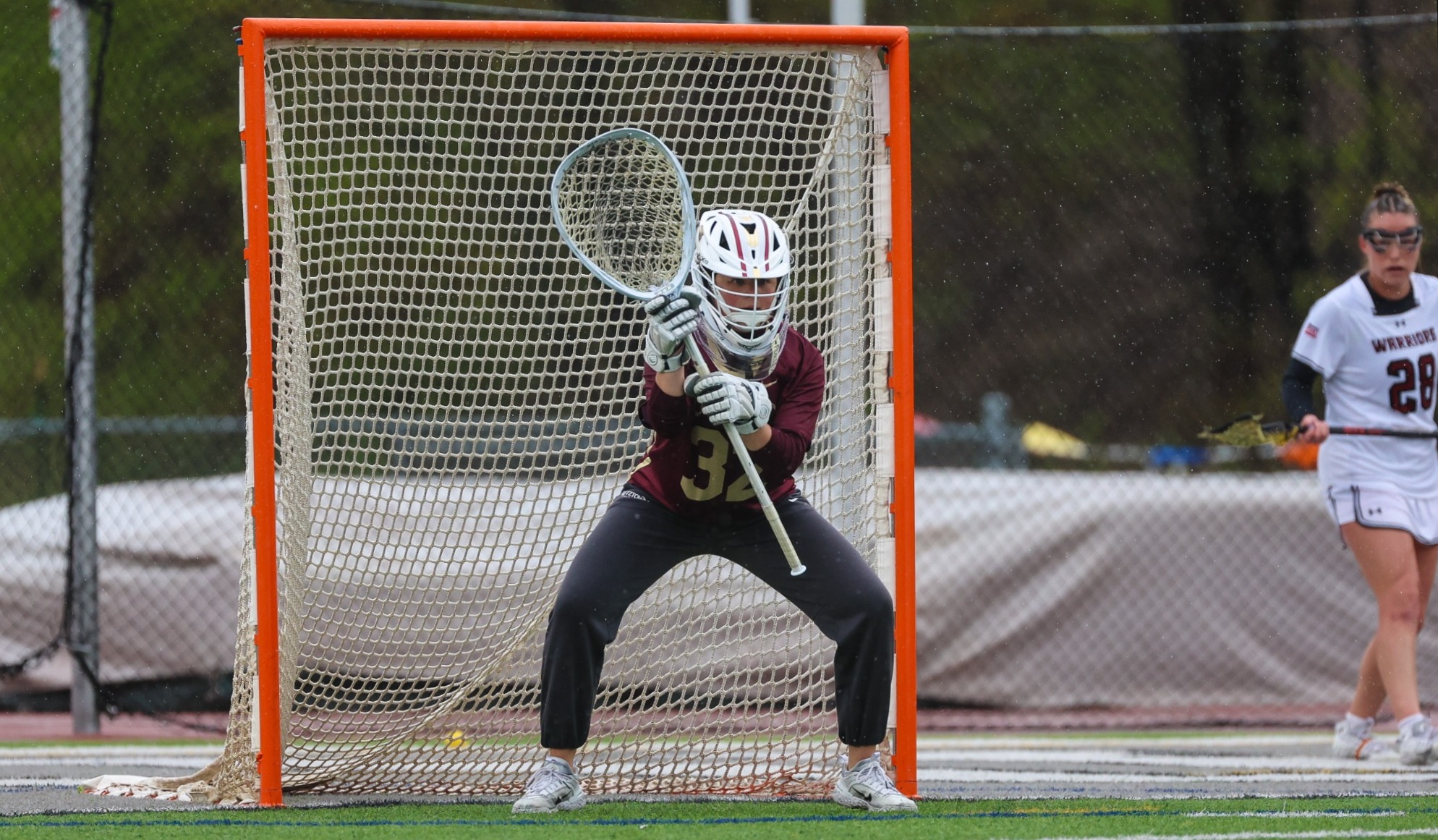 Marisa Bragg of Kutztown Women's lacrosse gets ready to save a shot vs. ESU PSAC Semifinals