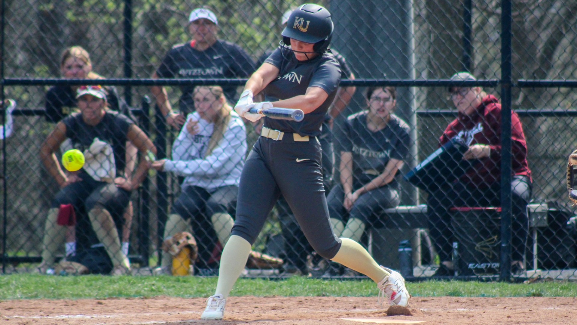 Morgan Kocher of the Kutztown University softball team swings at a pitch during a PSAC East game at Millersville on April 3, 2026.