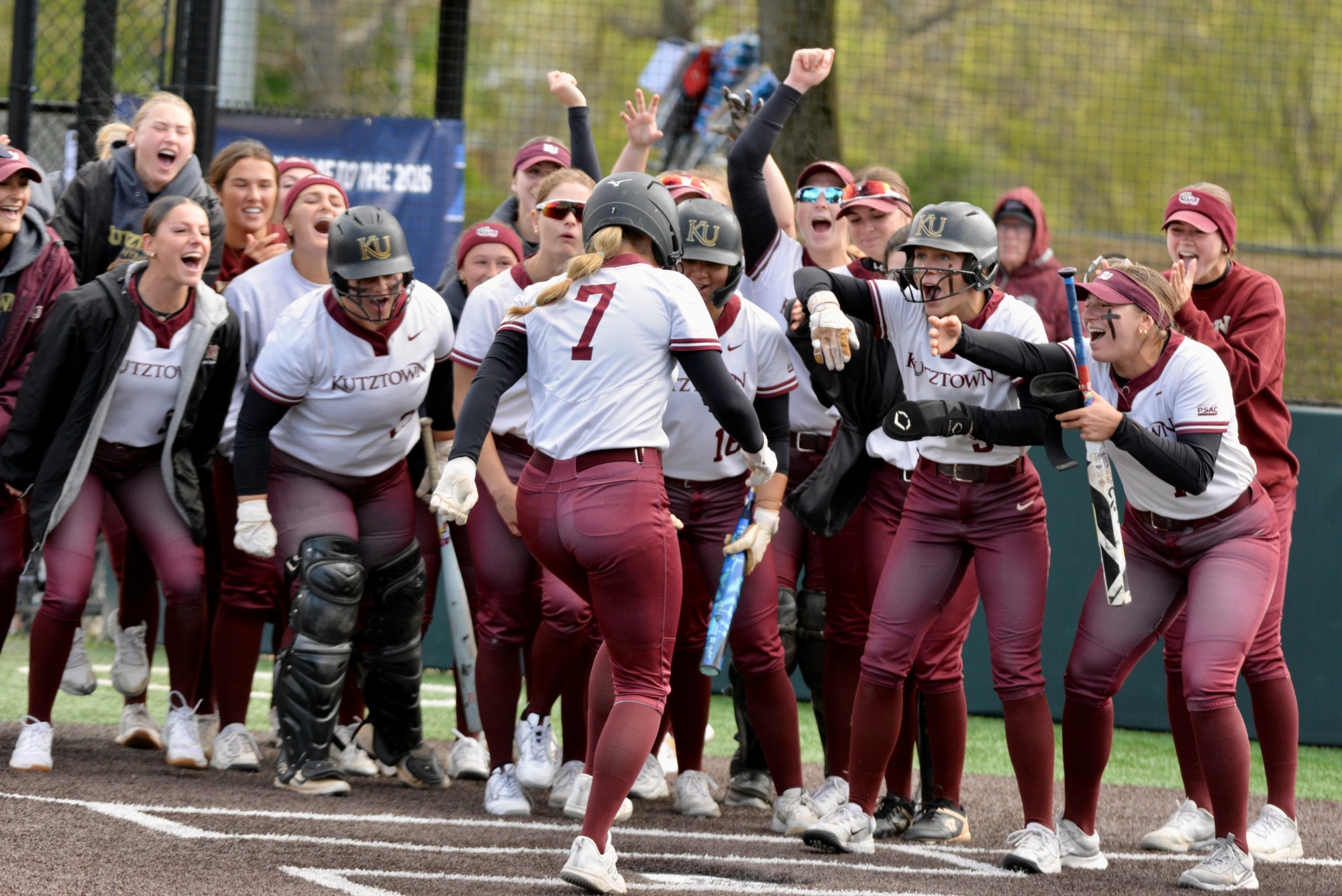 Morgan Kocher hitting a home run and celebrating with the team vs. SRU, 5/7/26