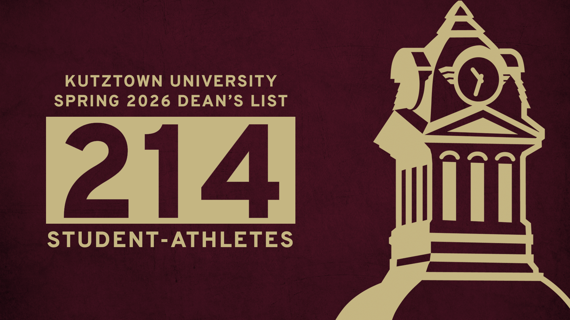 Graphic highlighting Kutztown University's Spring 2026 Dean's List student-athletes. Graphic includes maroon background and gold text, Kutztown clock tower logo and text acknowledging 214 Spring Dean's List honorees.