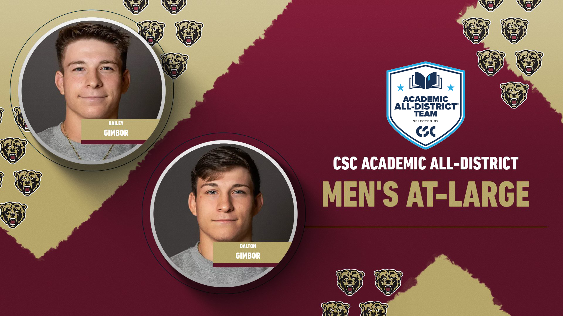 Graphic recognizing Kutztown University wrestling student-athletes Bailey Gimbor and Dalton Gimbor on their selections to the 2025-26 College Sports Communicators Academic All-District Men's At-Large Team. Student-athlete photos along with Kutztown bear head and CSC Academic All-District logos are featured.