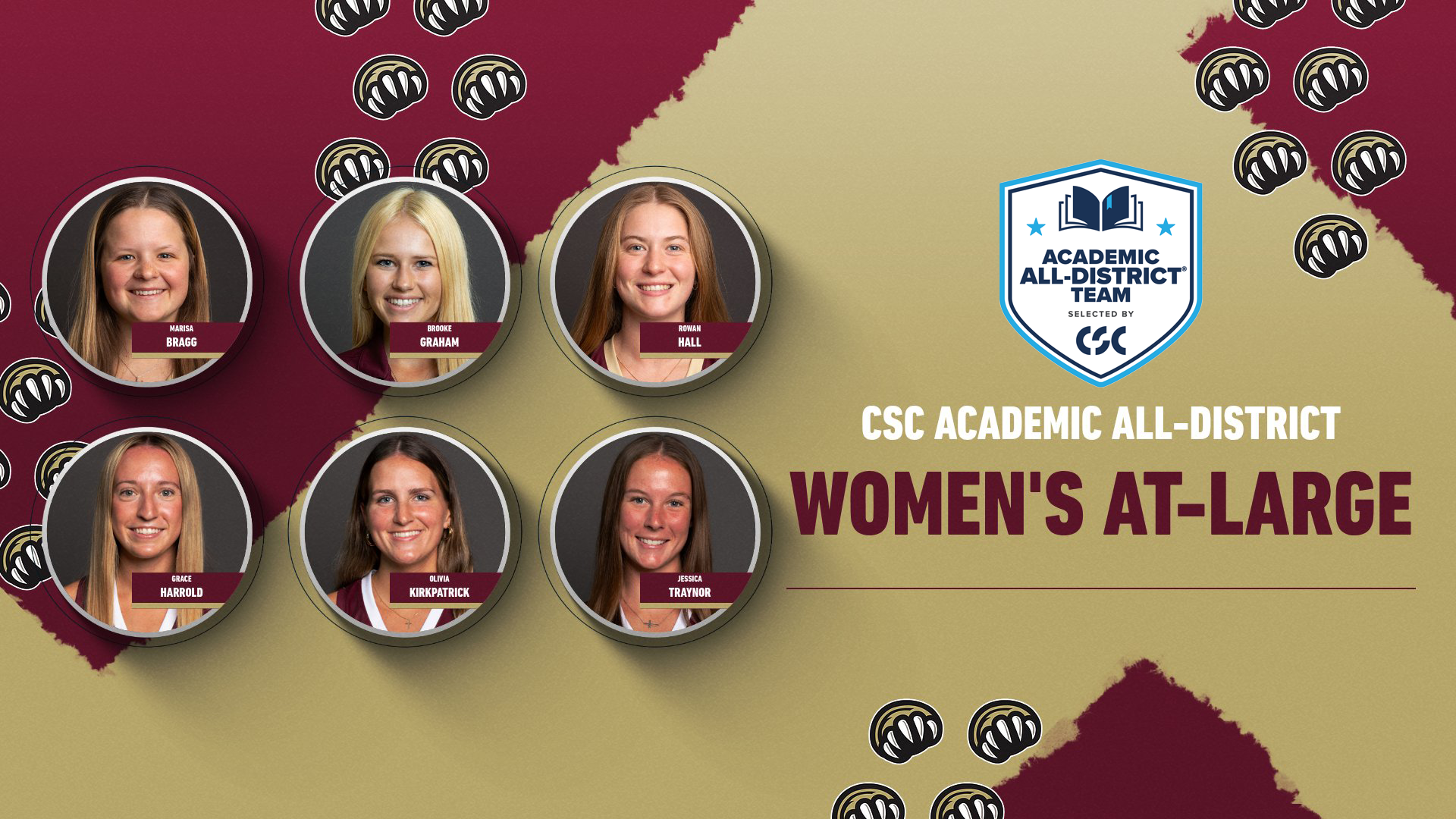 Graphic recognizing Kutztown University's six selections to the 2025-26 College Sports Communicators Academic All-District Women's At-Large Team. Student-athletes pictured left-to-right in the top row: Marisa Bragg, Brooke Graham and Rowan Hall. Pictured left-to-right in the bottom row: Grace Harrold, Olivia Kirkpatrick and Jessica Traynor. Kutztown bear paw and CSC Academic All-District logos are featured.