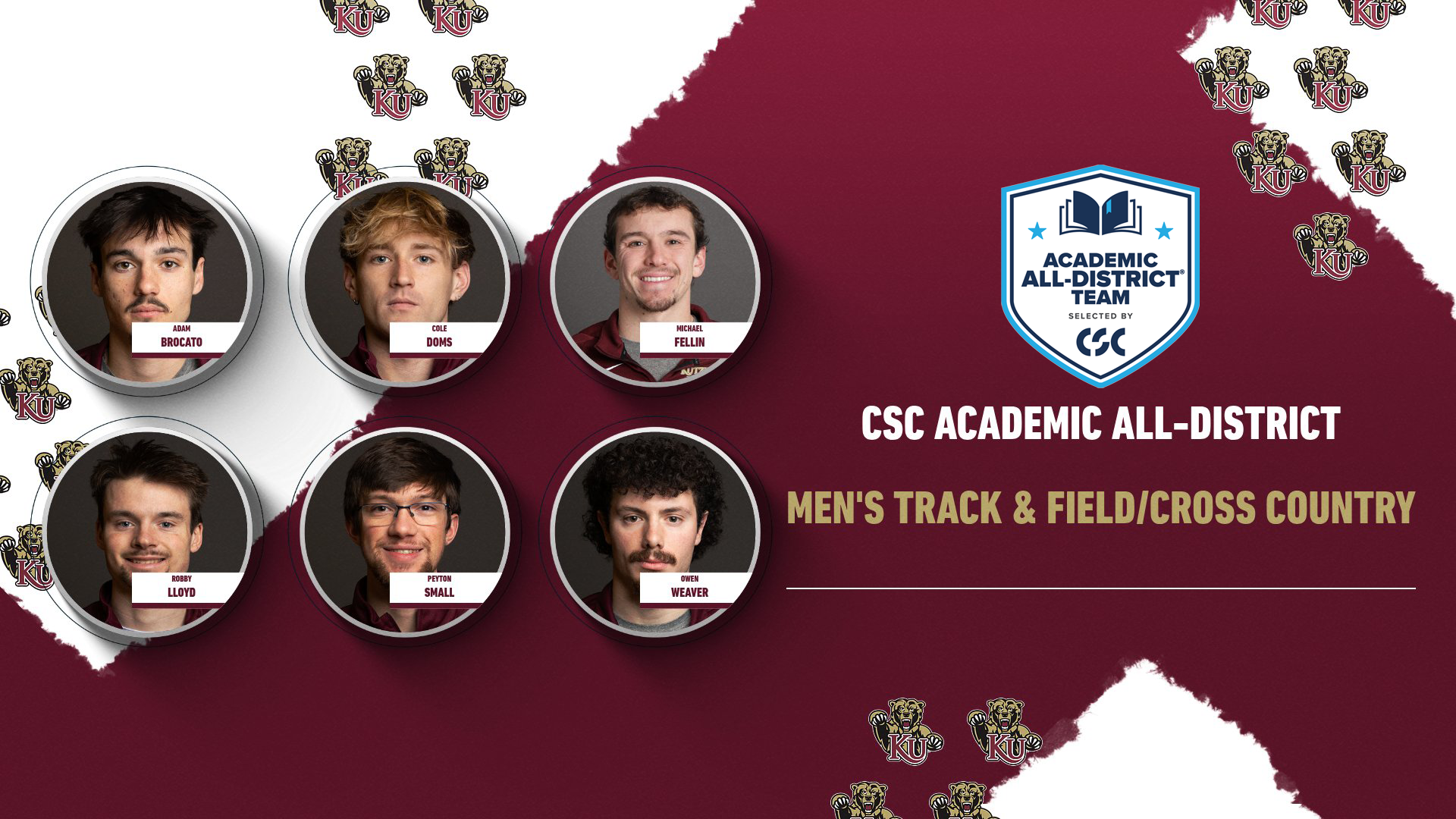 Graphic recognizing Kutztown University's six selections to the College Sports Communicators Academic All-District Men's Track & Field/Cross Country Team. Pictured from left-to-right in the top row are Adam Brocato, Cole Doms and Michael Fellin. Pictured from left-to-right in the bottom row are Robby Lloyd, Peyton Small and Owen Weaver. Bear logo with KU and CSC Academic All-District logos are also used.