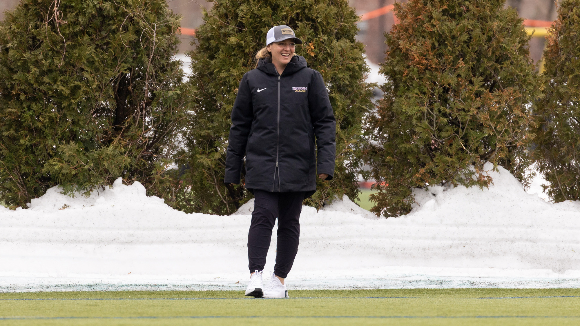 Kutztown University head women's lacrosse coach Kristen Nicholson on the field during a game at Bentley on March 7, 2026.