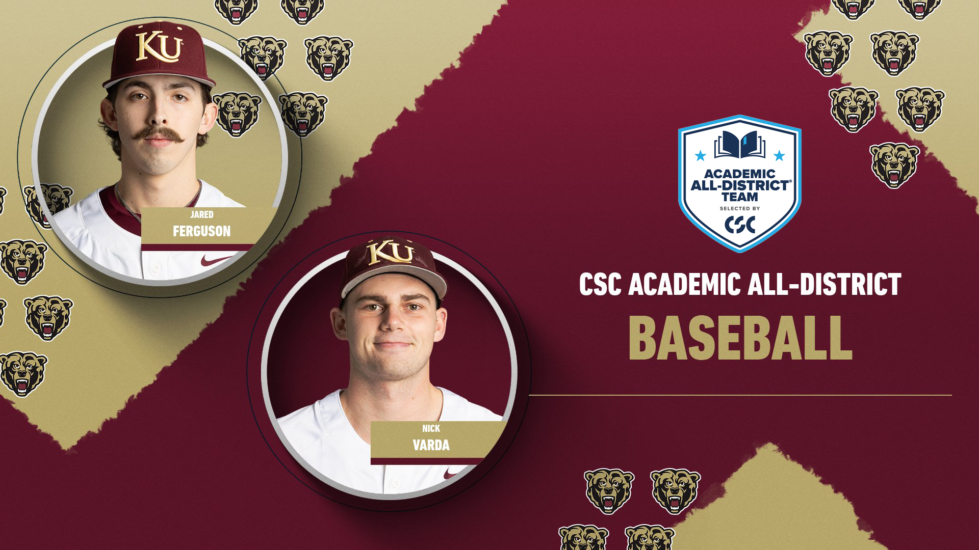 Graphic recognizing Kutztown University's Jared Ferguson and Nick Varda on their selections to the 2026 College Sports Communicators Academic All-District Baseball Team.