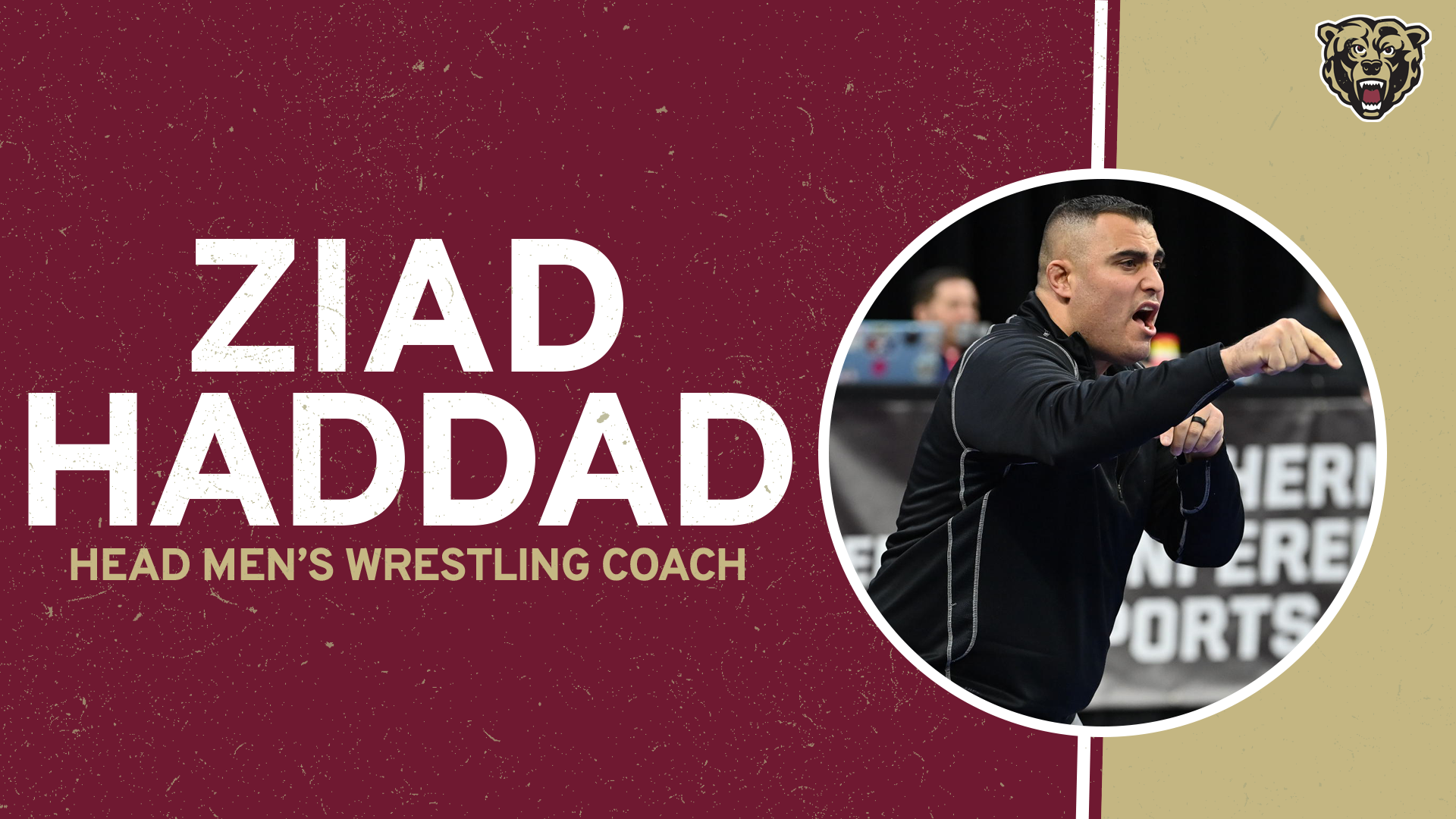 Graphic recognizing the hiring of Ziad Haddad as Kutztown University head men's wrestling coach. Graphic text reads: Ziad Haddad, Head Men's Wrestling Coach. Images include action shot of Ziad Haddad coaching and the bear head logo.